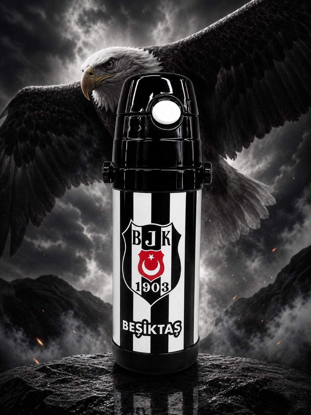 Beşiktaş Siyah Beyaz Çubuklu Çelik Matara 30004-2