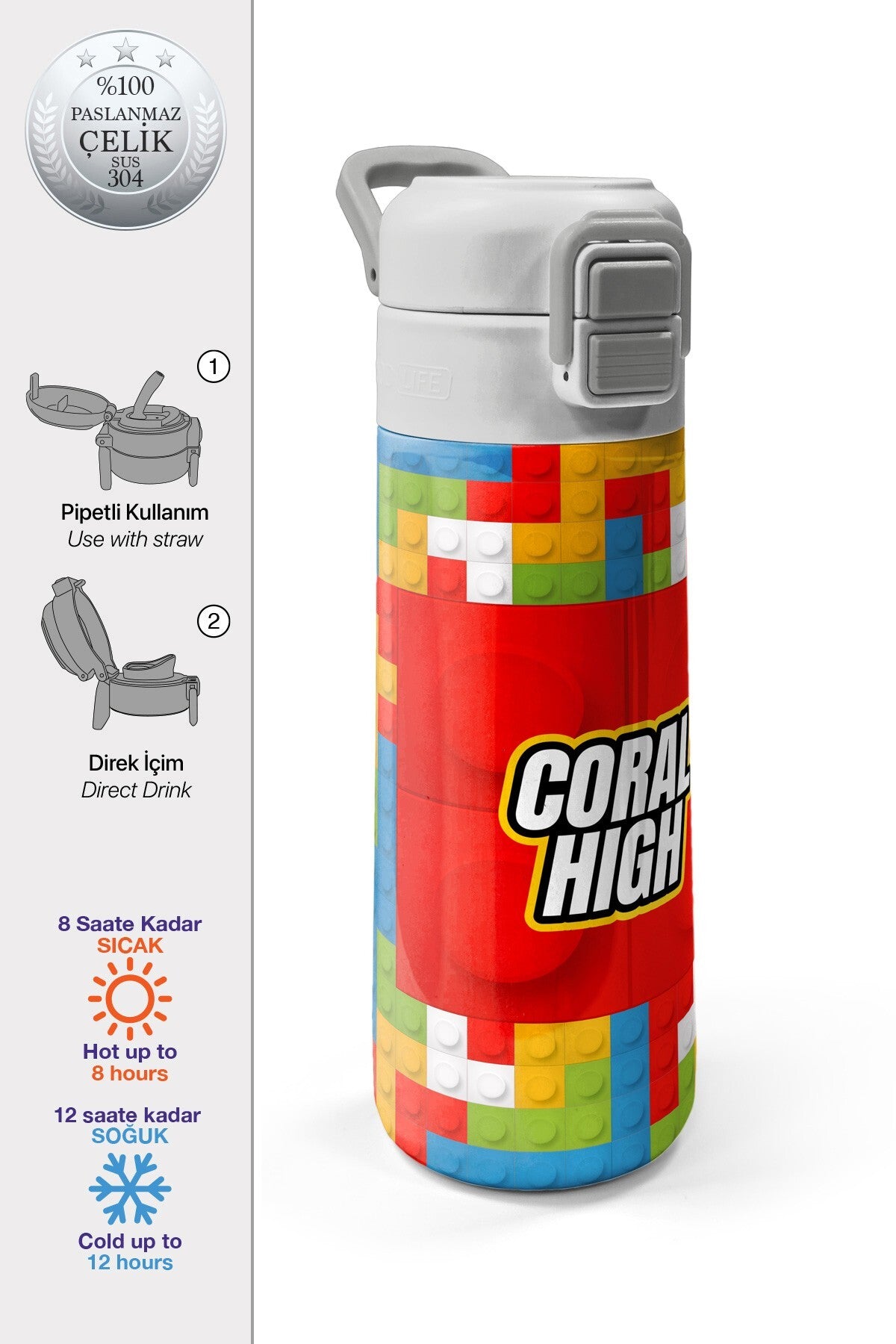 Coral High Kids Blok Desenli Pipetli ve Direkt İçim Çelik Termos 500 ml 31991