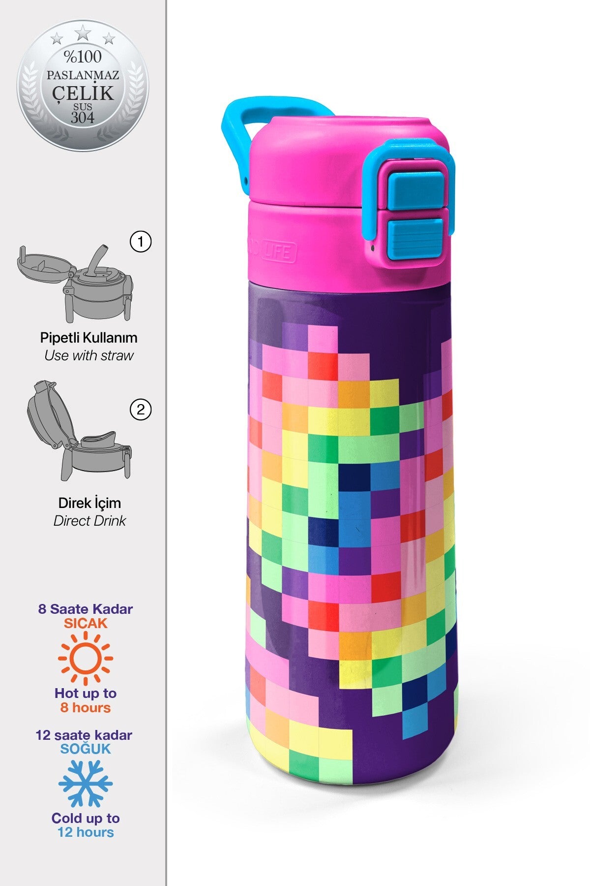 Coral High Kids Çok Renkli Piksel Kalp Desenli Pipetli ve Direkt İçim Çelik Termos 500 ml 38108-1