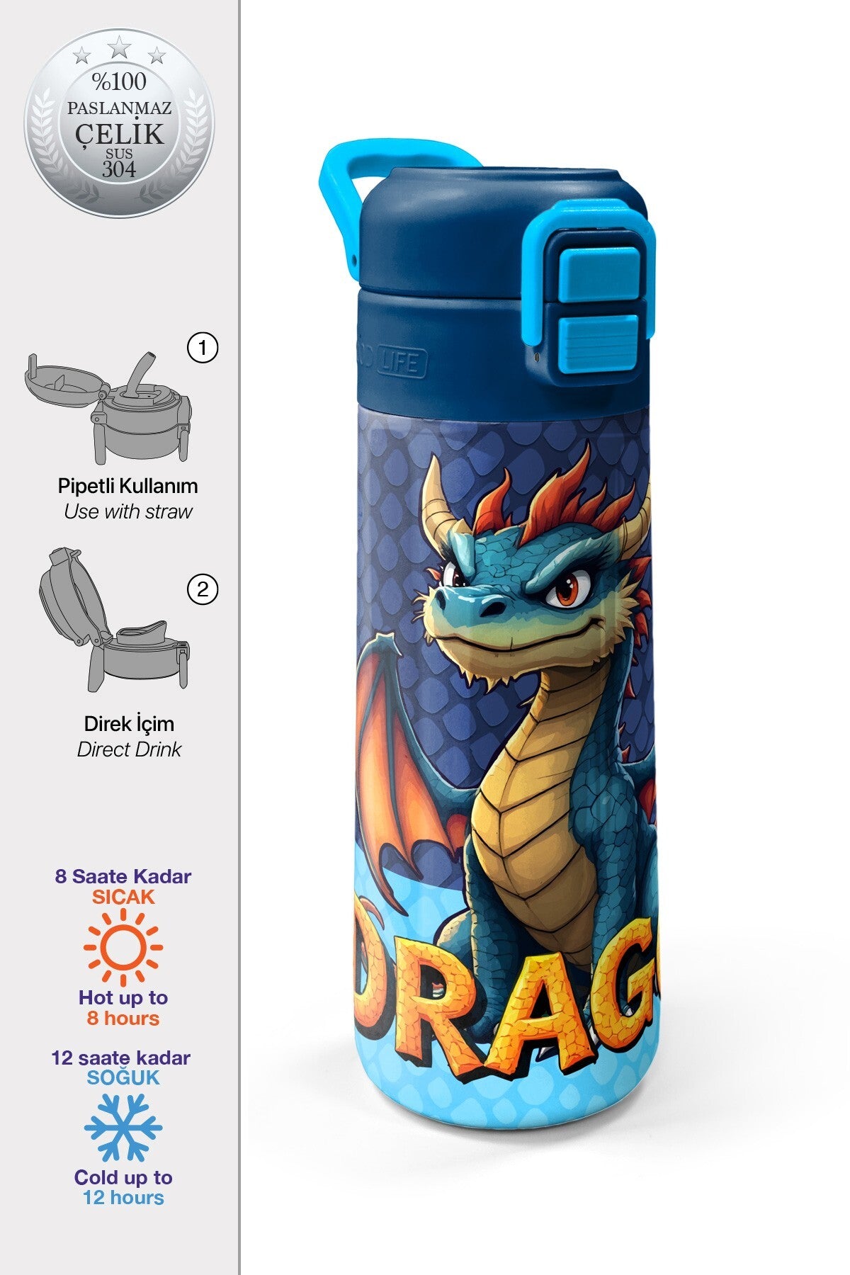 Coral High Kids Dragon Desenli Pipetli ve Direkt İçim Çelik Termos 500 ml 38113