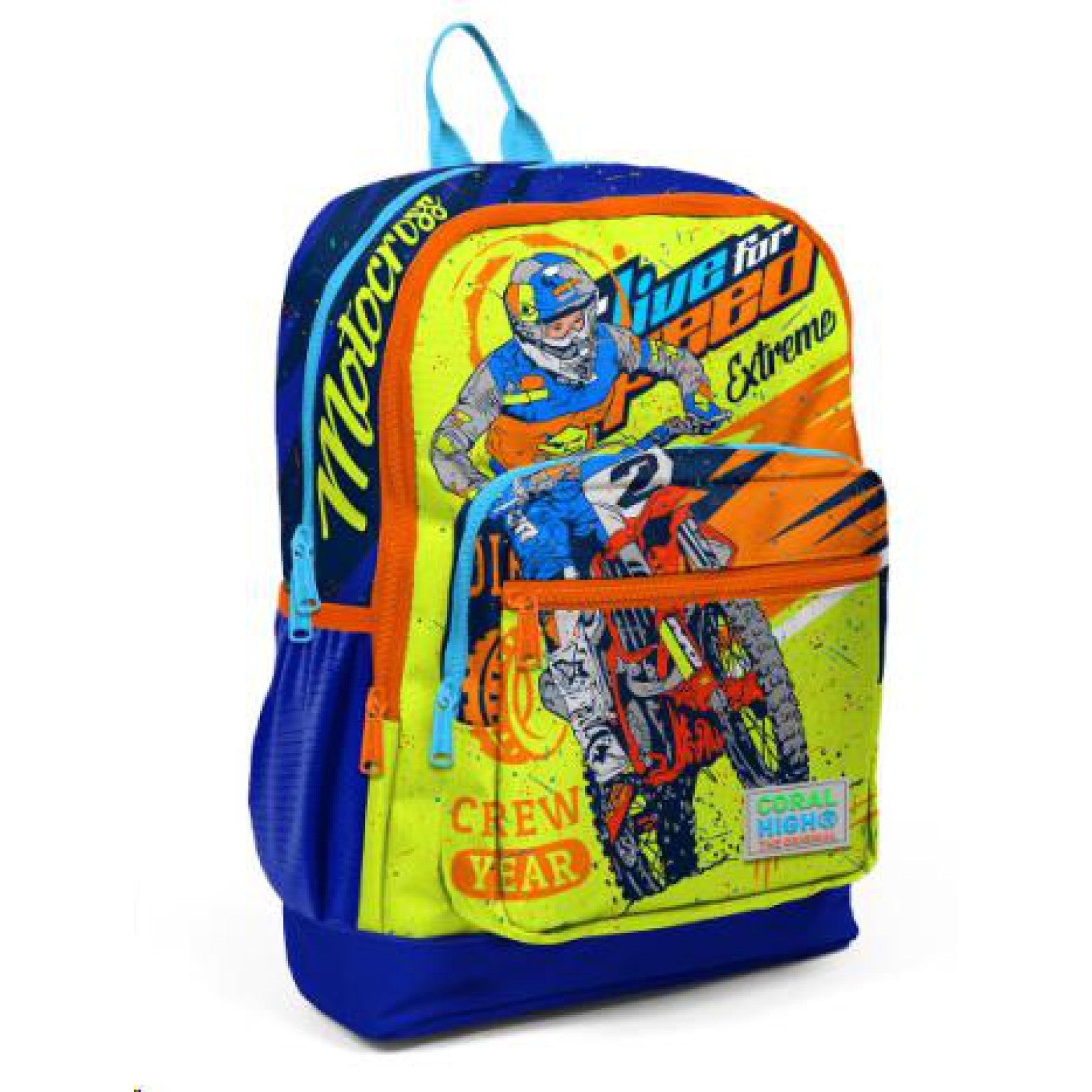 Coral High Kids Fosforlu Sarı Saks Motorsiklet Desenli Dört Bölmeli Okul Sırt Çantası 23742-1