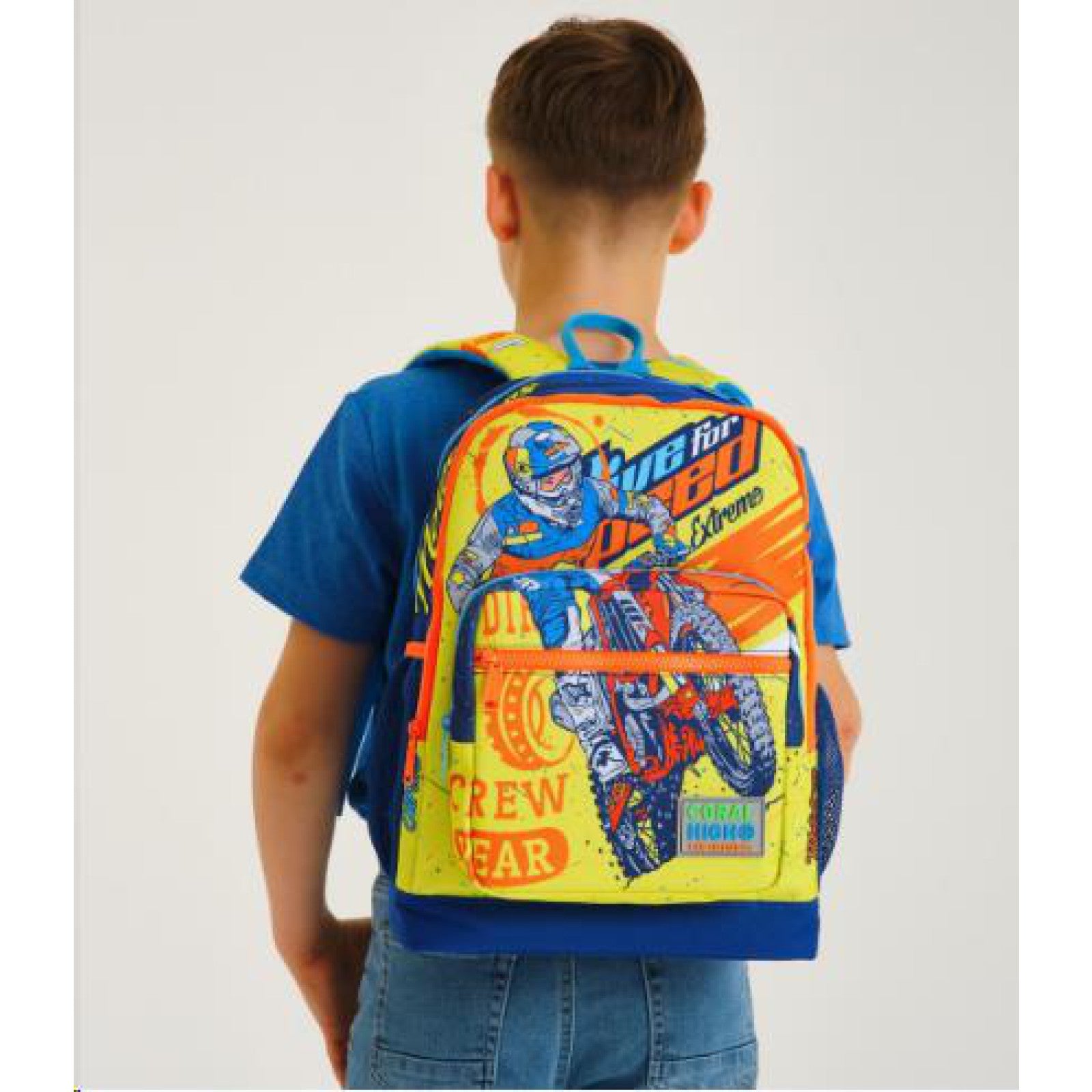 Coral High Kids Fosforlu Sarı Saks Motorsiklet Desenli Dört Bölmeli Okul Sırt Çantası 23742-2