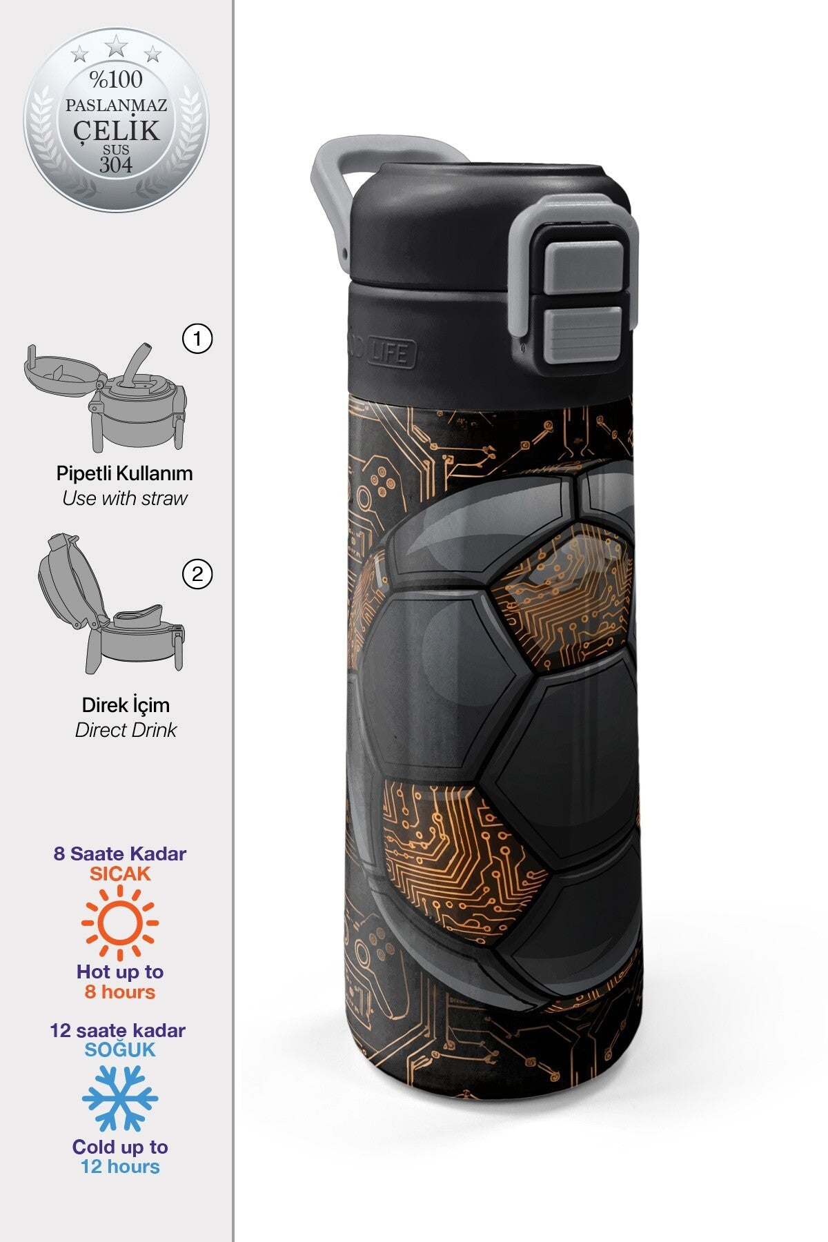 Coral High Kids Futbol Desenli Pipetli ve Direkt İçim Çelik Termos 500 ml 38117-1