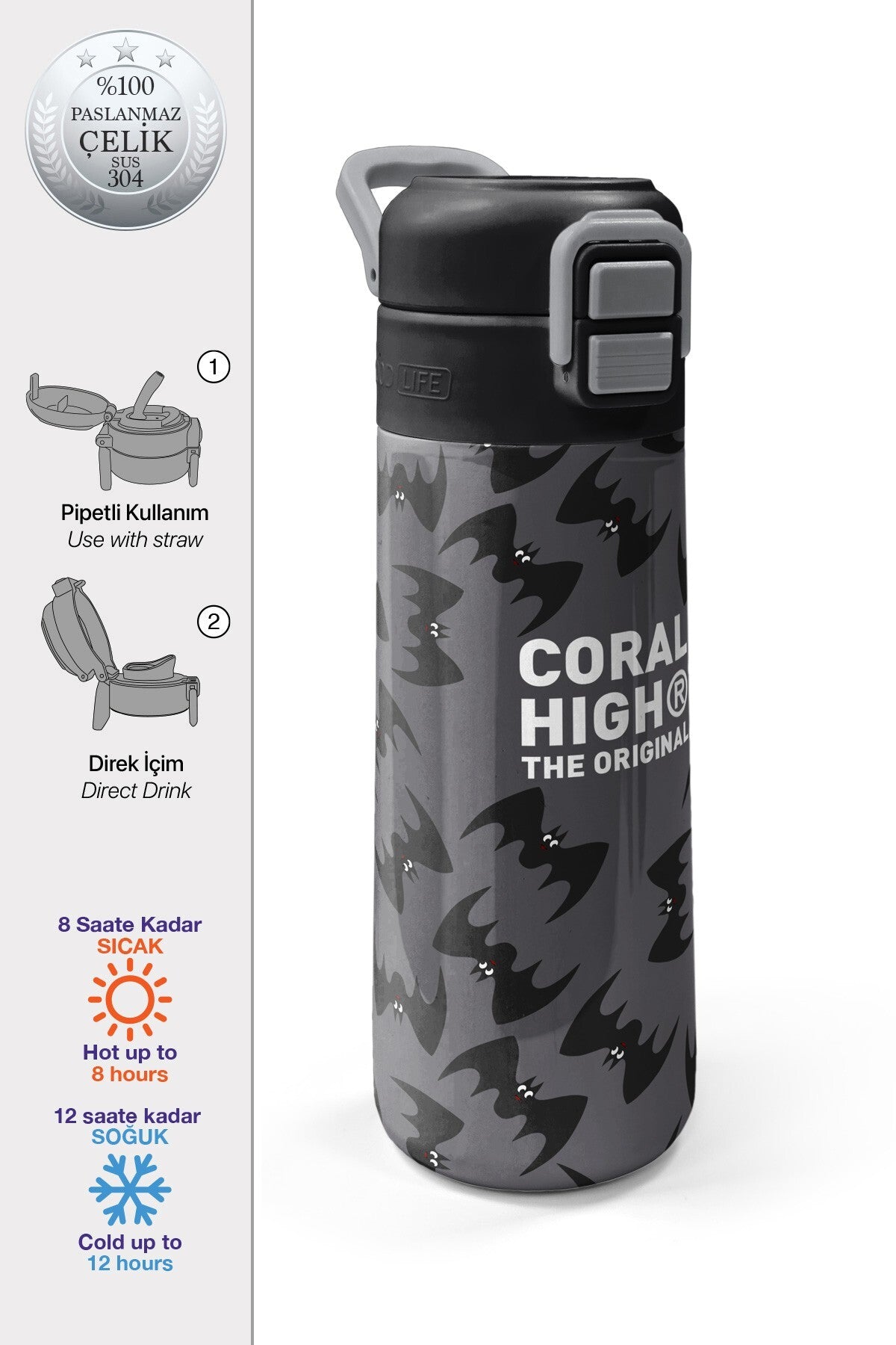 Coral High Kids Gri Siyah Yarasa Desenli Pipetli ve Direkt İçim Çelik Termos 500 ml 38126-1
