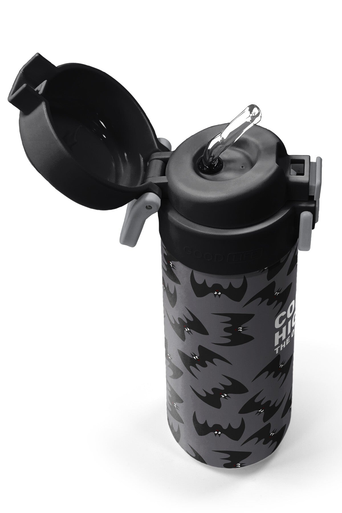 Coral High Kids Gri Siyah Yarasa Desenli Pipetli ve Direkt İçim Çelik Termos 500 ml 38126-2
