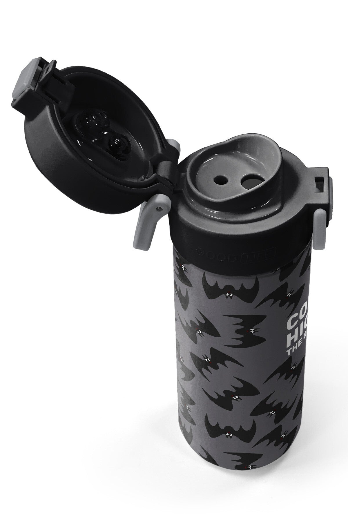 Coral High Kids Gri Siyah Yarasa Desenli Pipetli ve Direkt İçim Çelik Termos 500 ml 38126-3