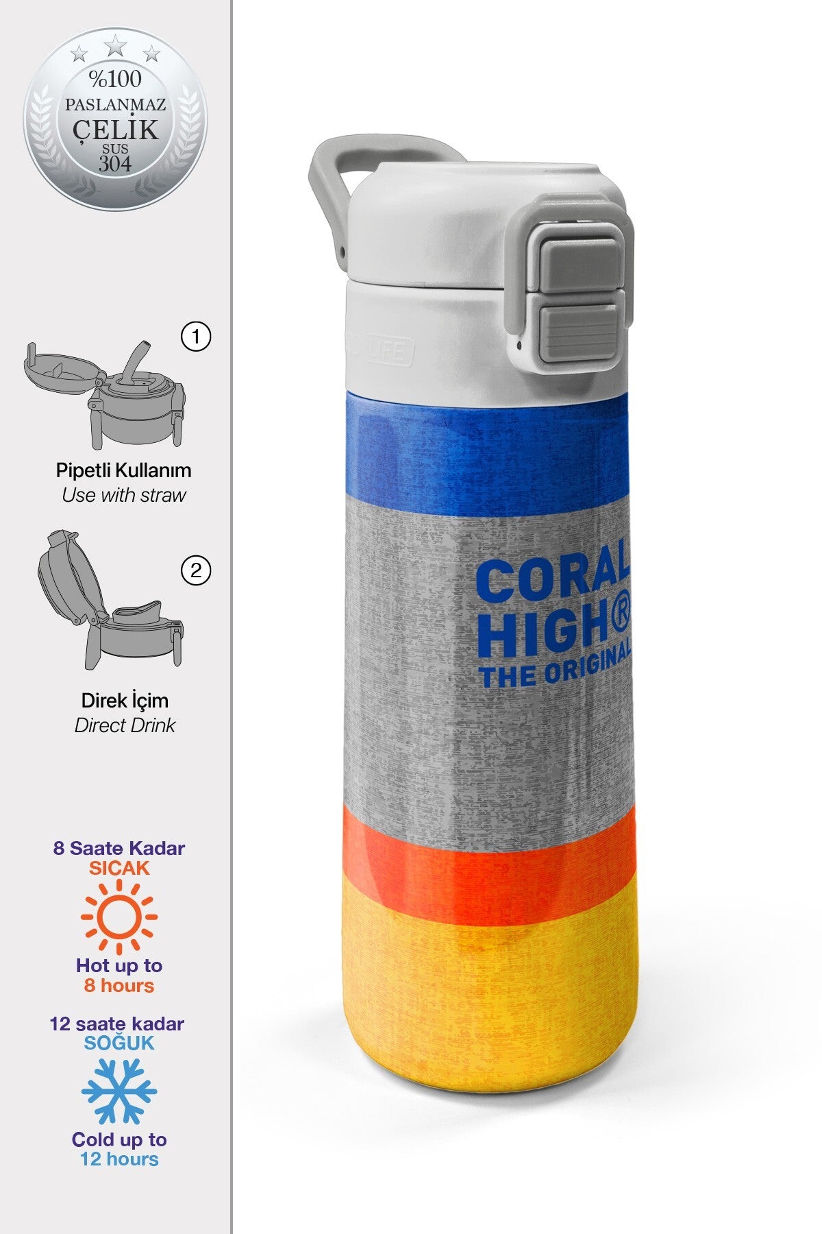 Coral High Kids Gri Turuncu Çizgi Desenli Pipetli ve Direkt İçim Çelik Termos 500 ml 38121-1