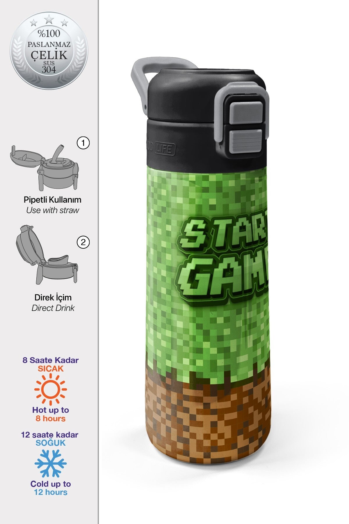 Coral High Kids High Craft Desenli Pipetli ve Direkt İçim Çelik Termos 500 Ml 31992-1