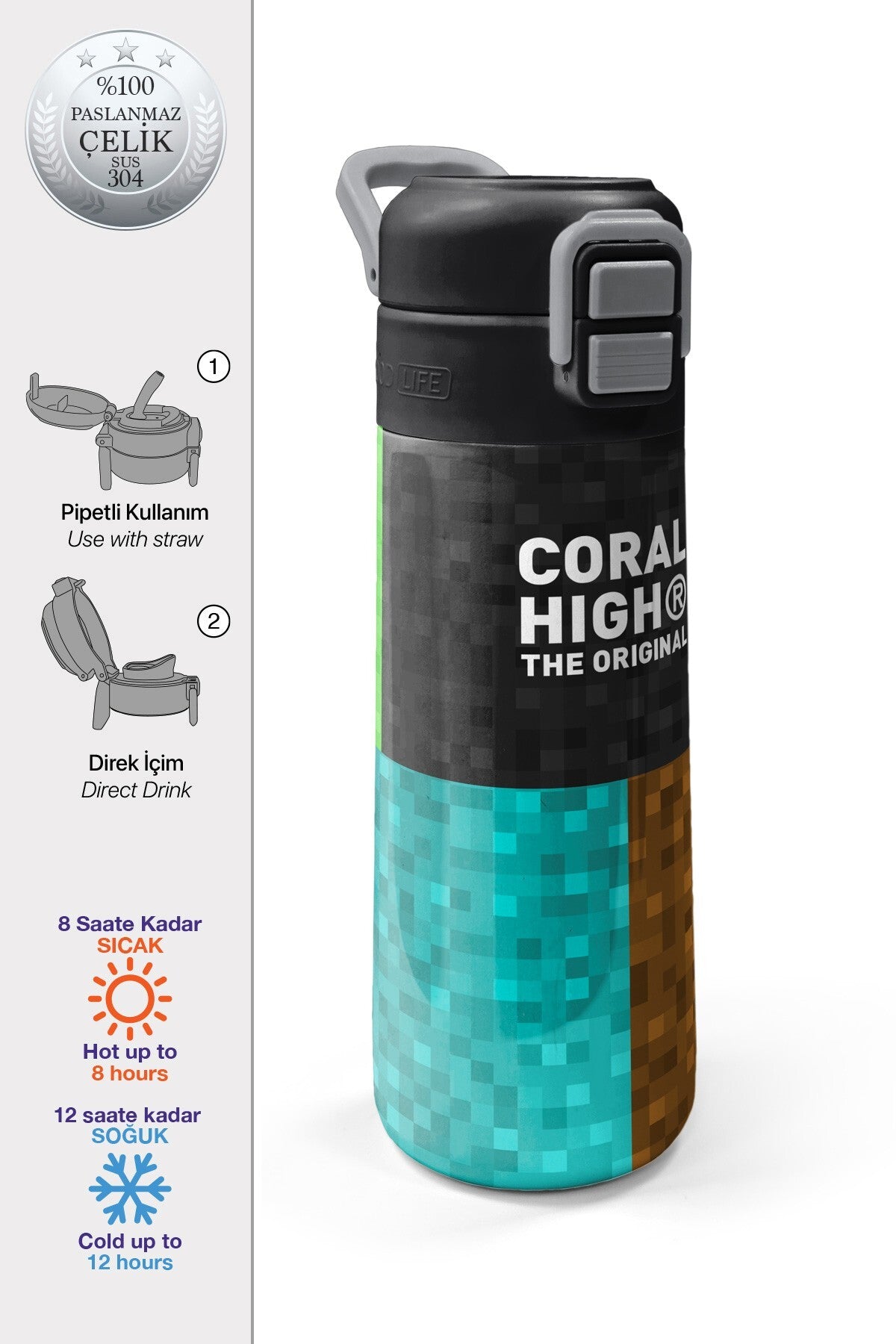 Coral High Kids High Craft Desenli Pipetli ve Direkt İçim Çelik Termos 500 ml 38116-1