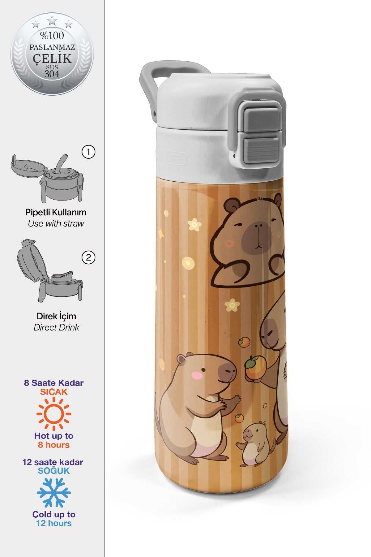 Coral High Kids Kapibara Desenli Pipetli ve Direkt İçim Çelik Termos 500 ml 31790-1