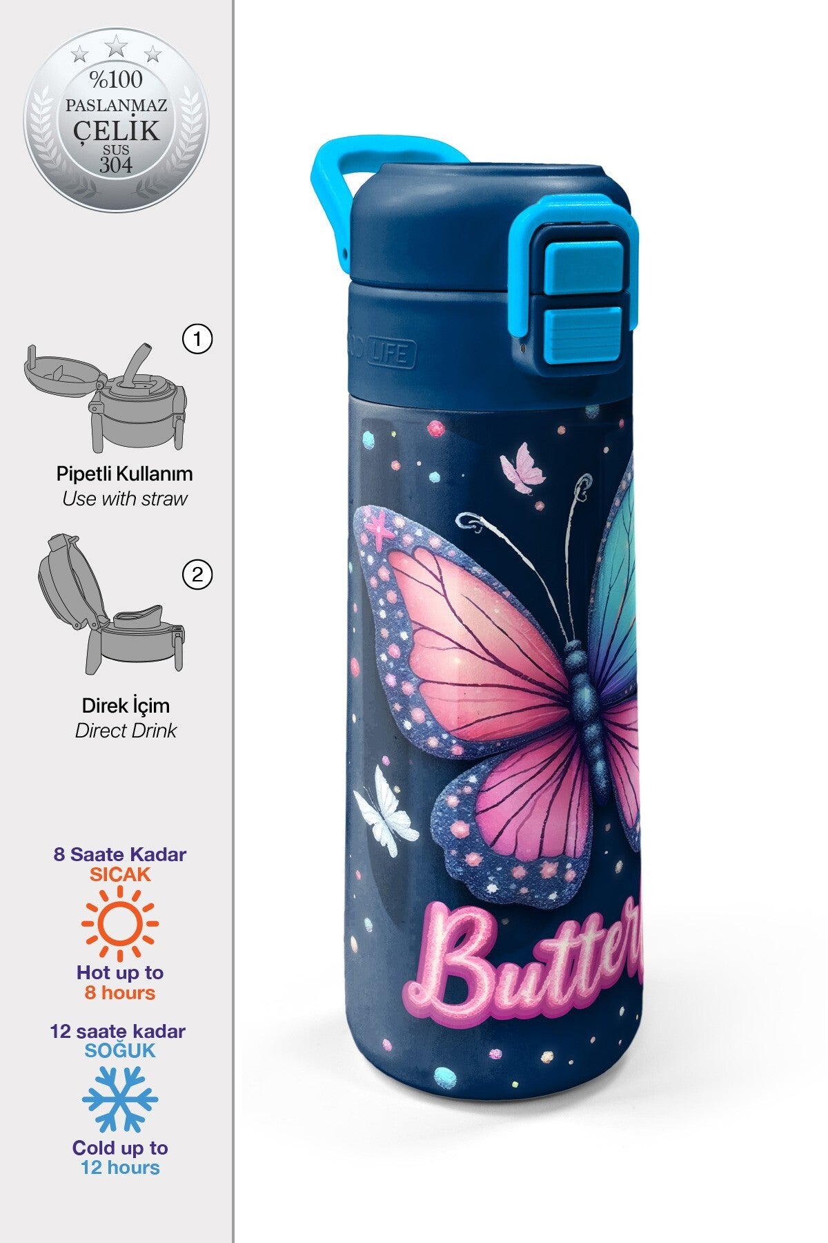 Coral High Kids Kelebek Desenli Pipetli ve Direkt İçim Çelik Termos 500 ml 38131-1