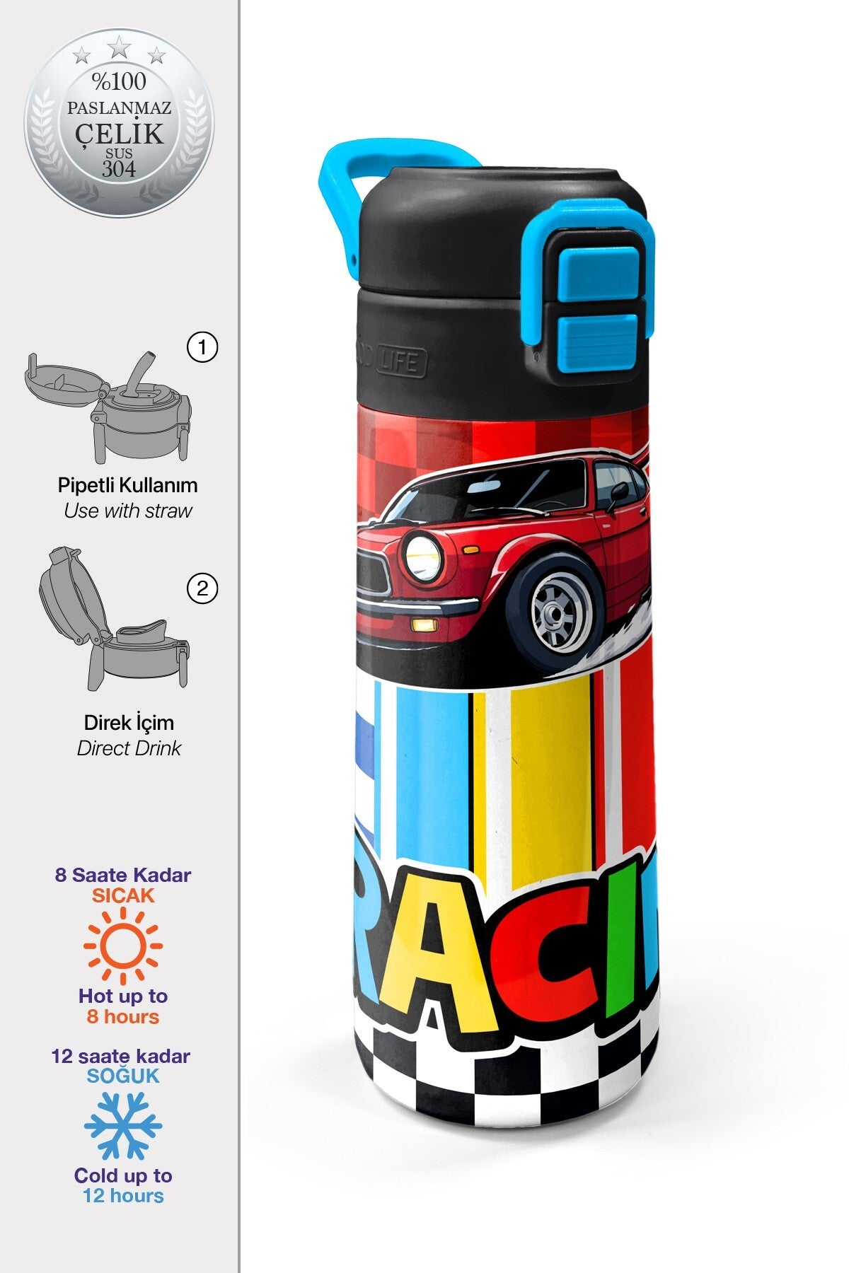 Coral High Kids Kırmızı Araba Desenli Pipetli ve Direkt İçim Çelik Termos 500 ml 38139