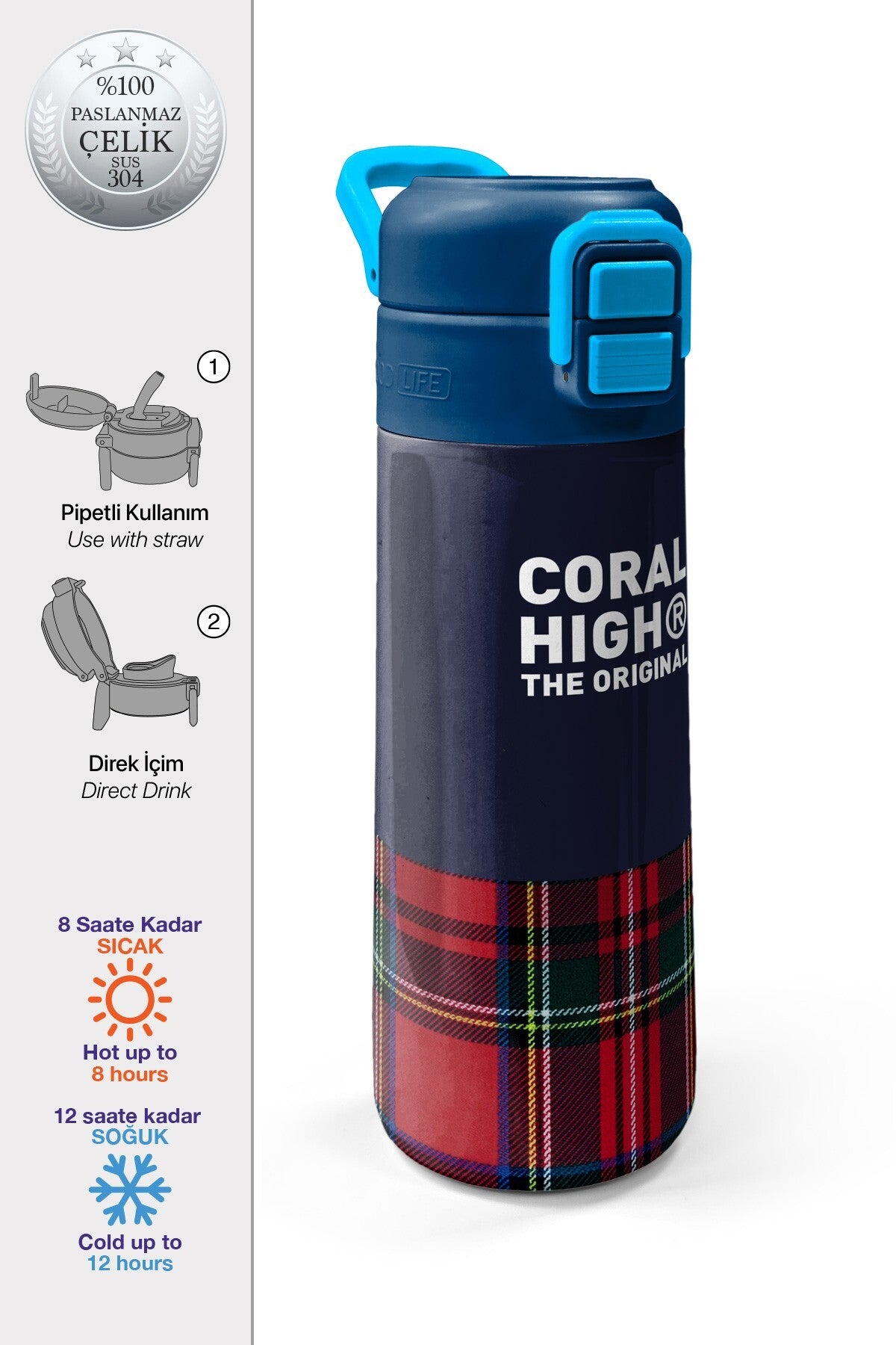 Coral High Kids Lacivert Ekose Fiyonk Desenli Pipetli ve Direkt İçim Çelik Termos 500 ml 38107