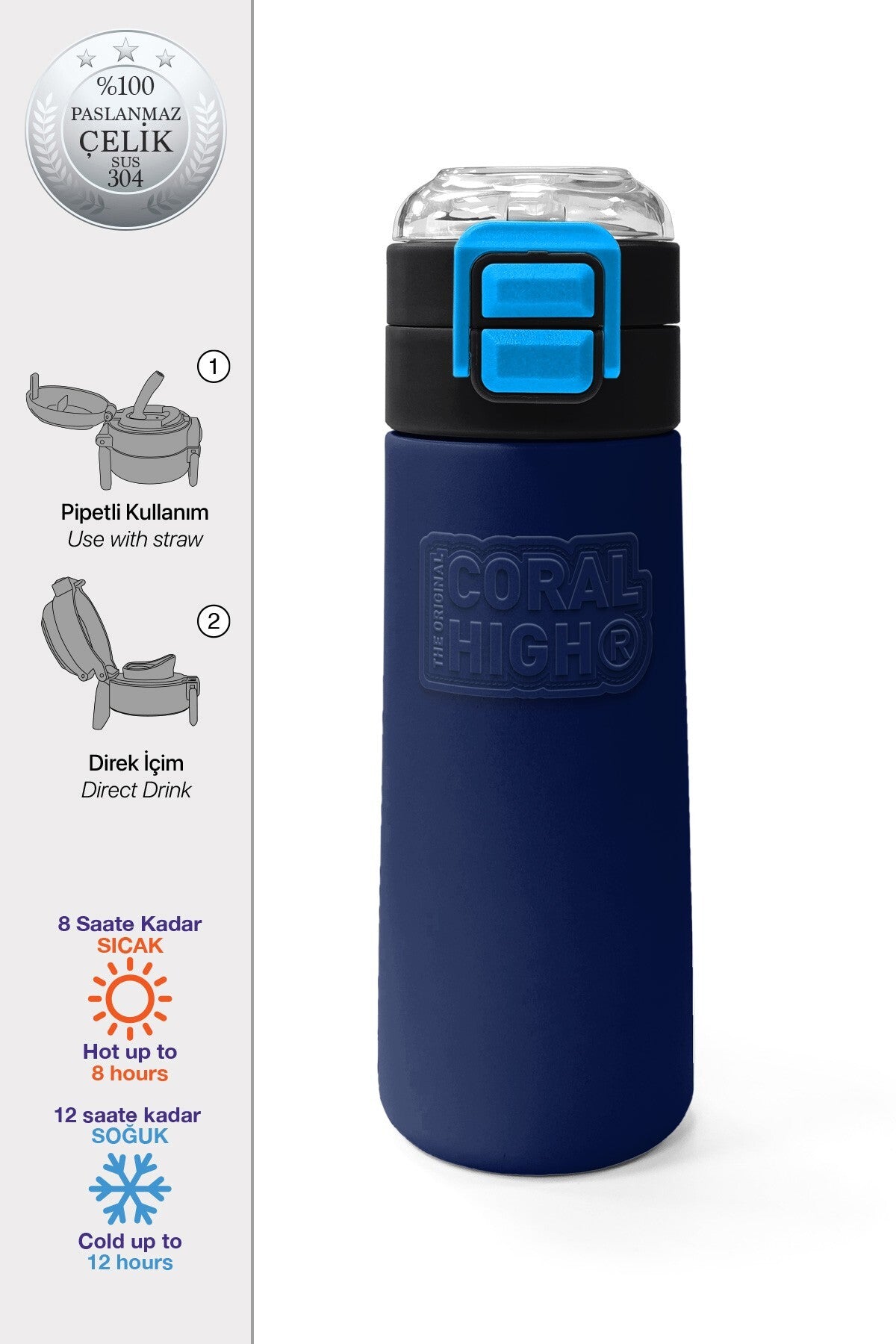 Coral High Kids Lacivert Mavi Pipetli ve Direkt İçim Çelik Termos 500 ml 31828-1