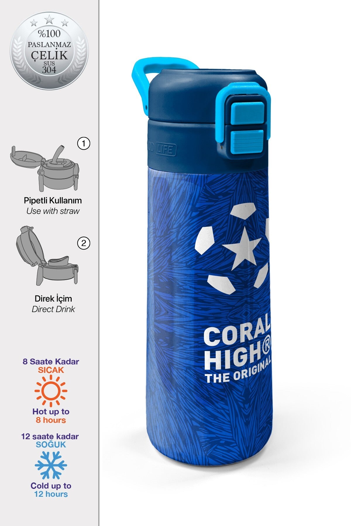 Coral High Kids Lacivert Saks Futbol Desenli Pipetli ve Direkt İçim Çelik Termos 500 ml 31897-1