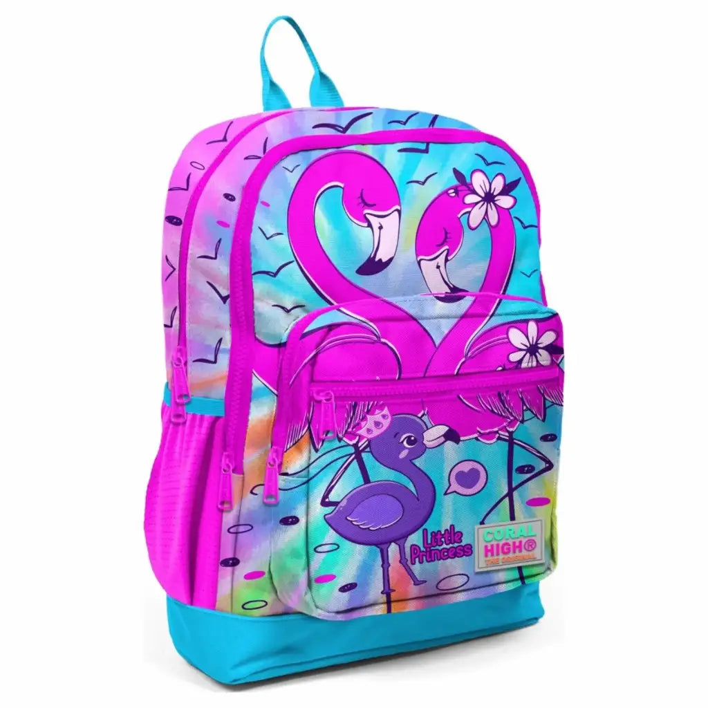 Coral High Kids Mavi Pembe Flamingo Desenli Dört Bölmeli Okul Sırt Çantası 23730-1