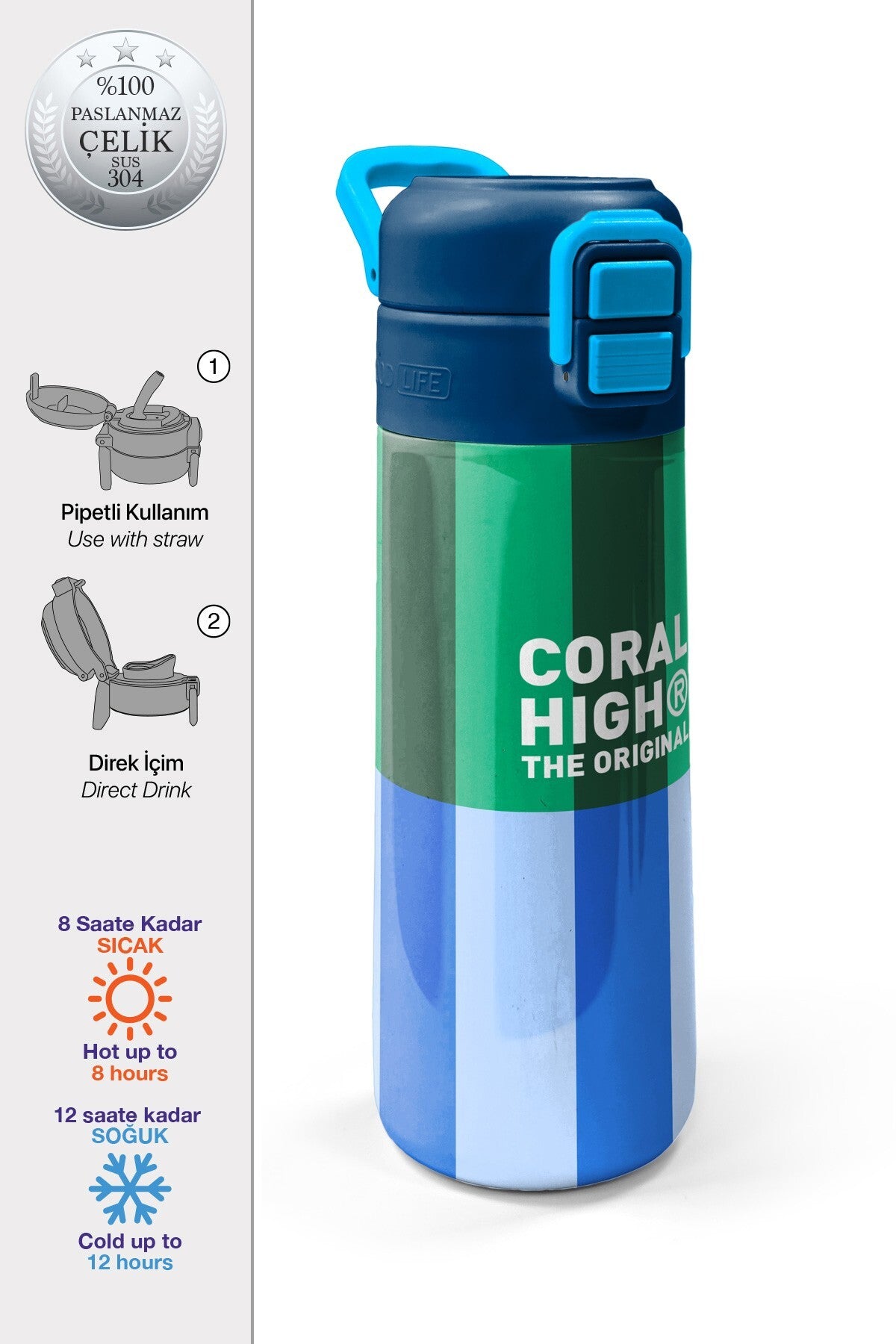 Coral High Kids Mavi Yeşil Çizgi Desenli Pipetli ve Direkt İçim Çelik Termos 500 ml 38111-1