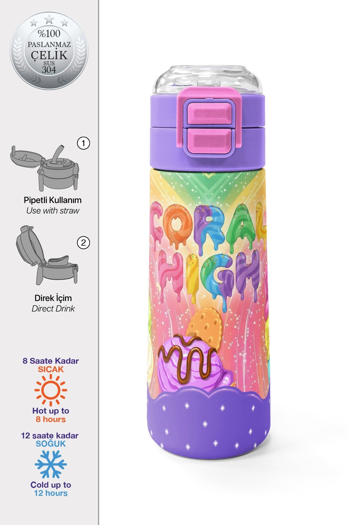 Coral High Kids Milka Dondurma Desenli Pipetli ve Direkt İçim Çelik Termos 500 ml 38136-1