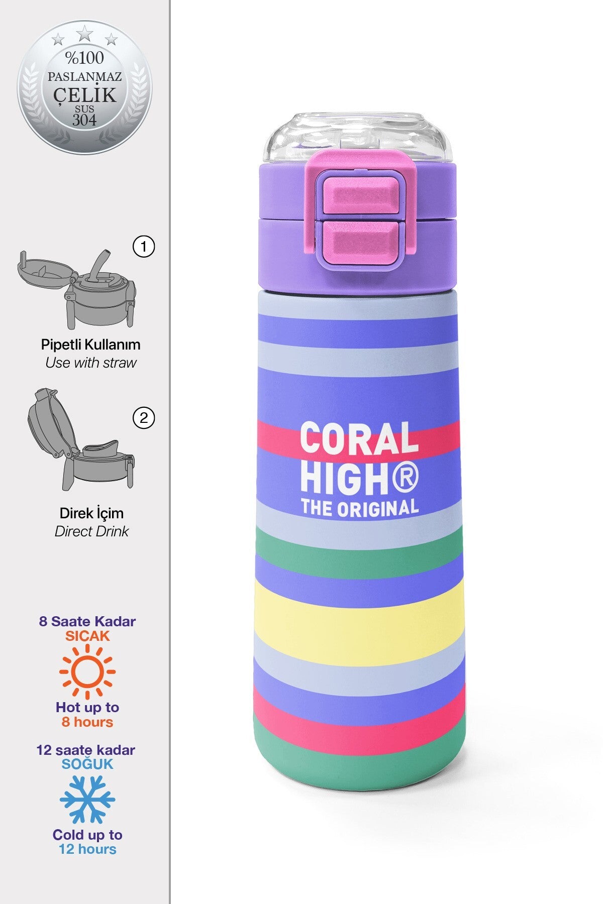 Coral High Kids Milka Gri Sarı Çizgi Desenli Pipetli ve Direkt İçim Çelik Termos 500 Ml 38102-1