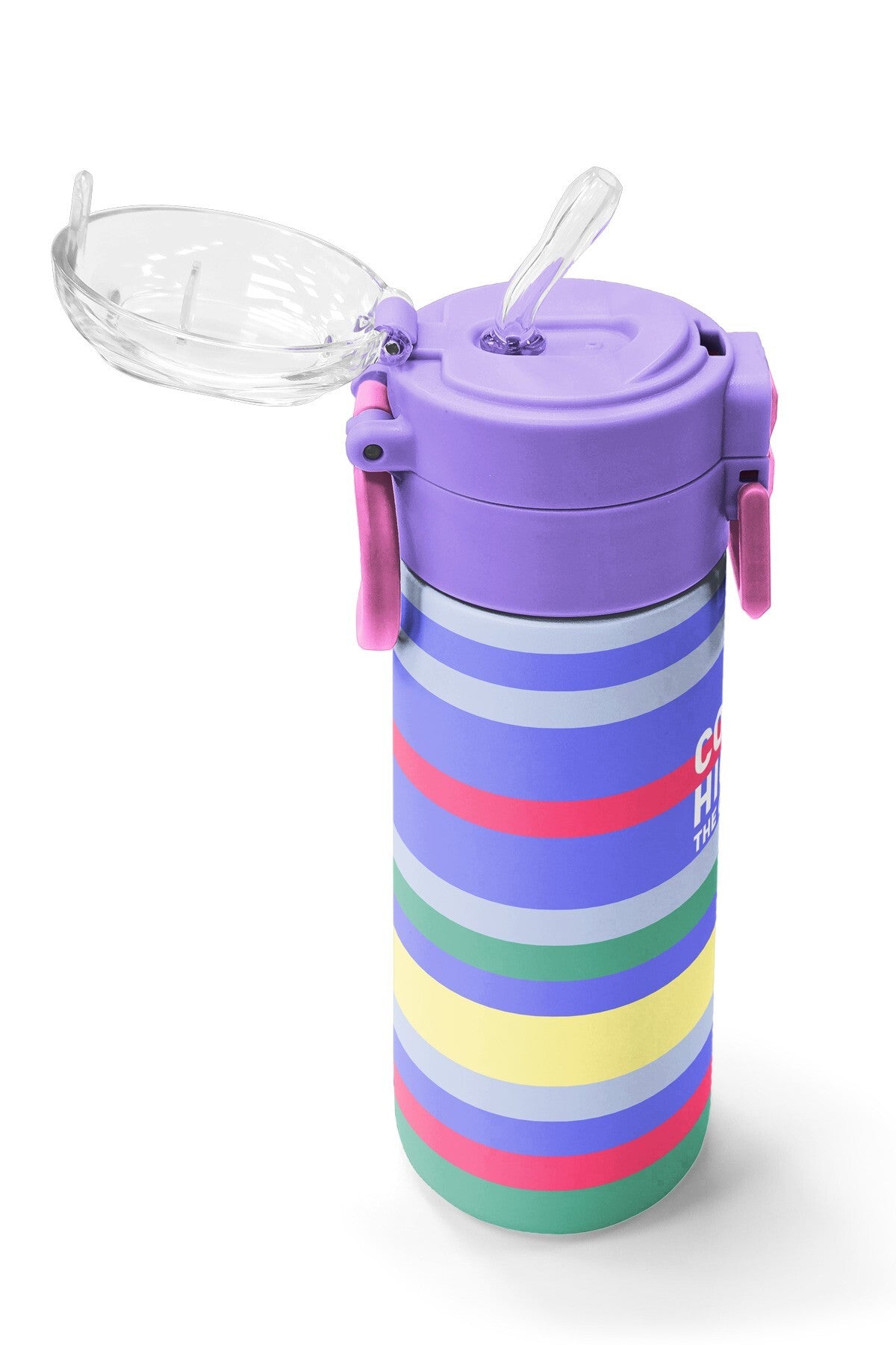 Coral High Kids Milka Gri Sarı Çizgi Desenli Pipetli ve Direkt İçim Çelik Termos 500 Ml 38102-5