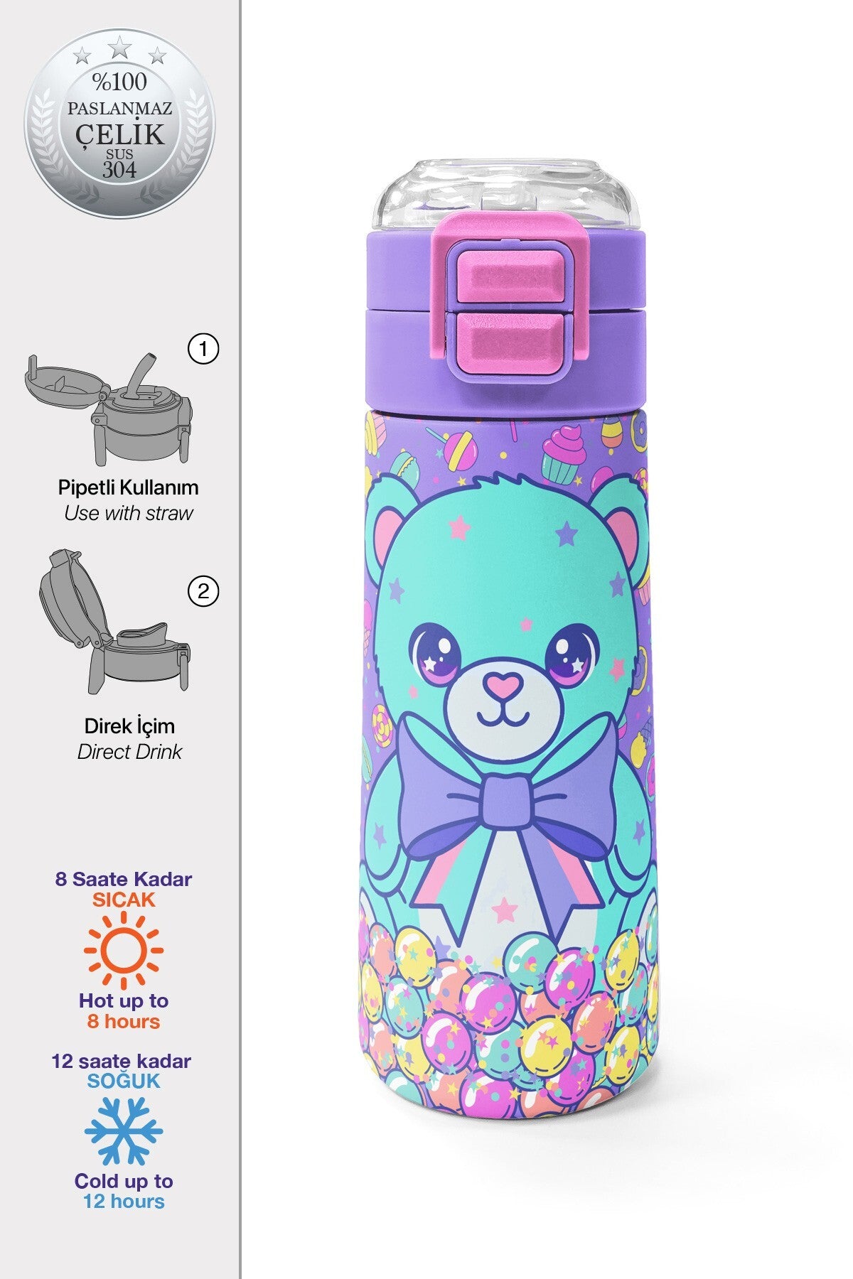 Coral High Kids Milka Şeker Ayıcık Desenli Pipetli ve Direkt İçim Çelik Termos 500 ml 38105