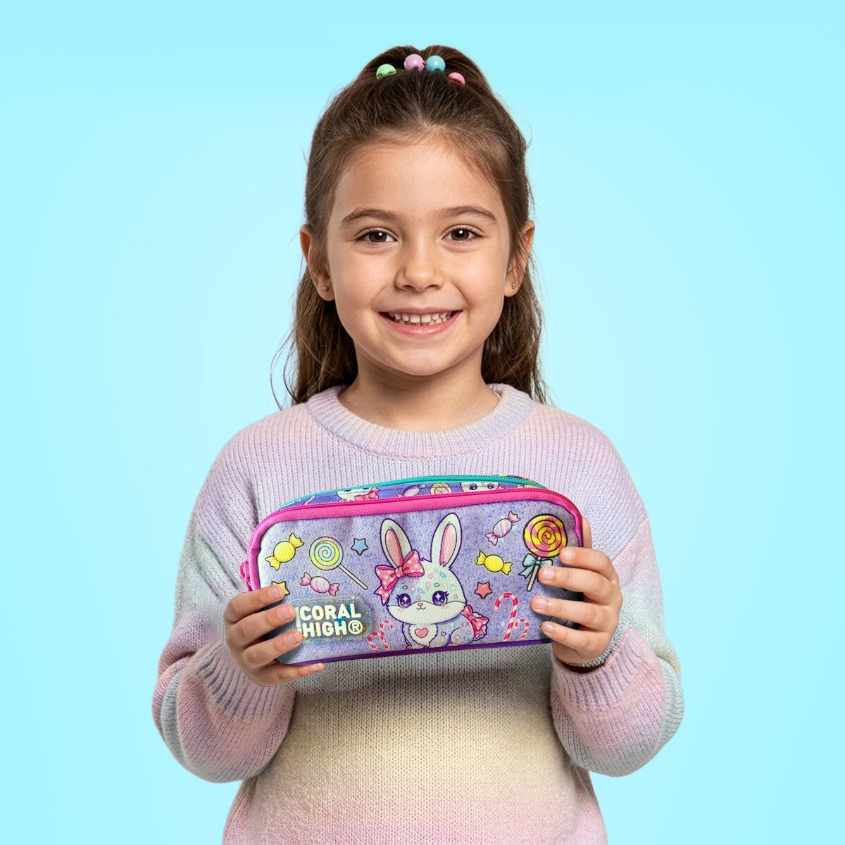 Coral High Kids Milka Su Yeşili Tavşan Desenli İki Bölmeli Kalem Çantası 31055-4