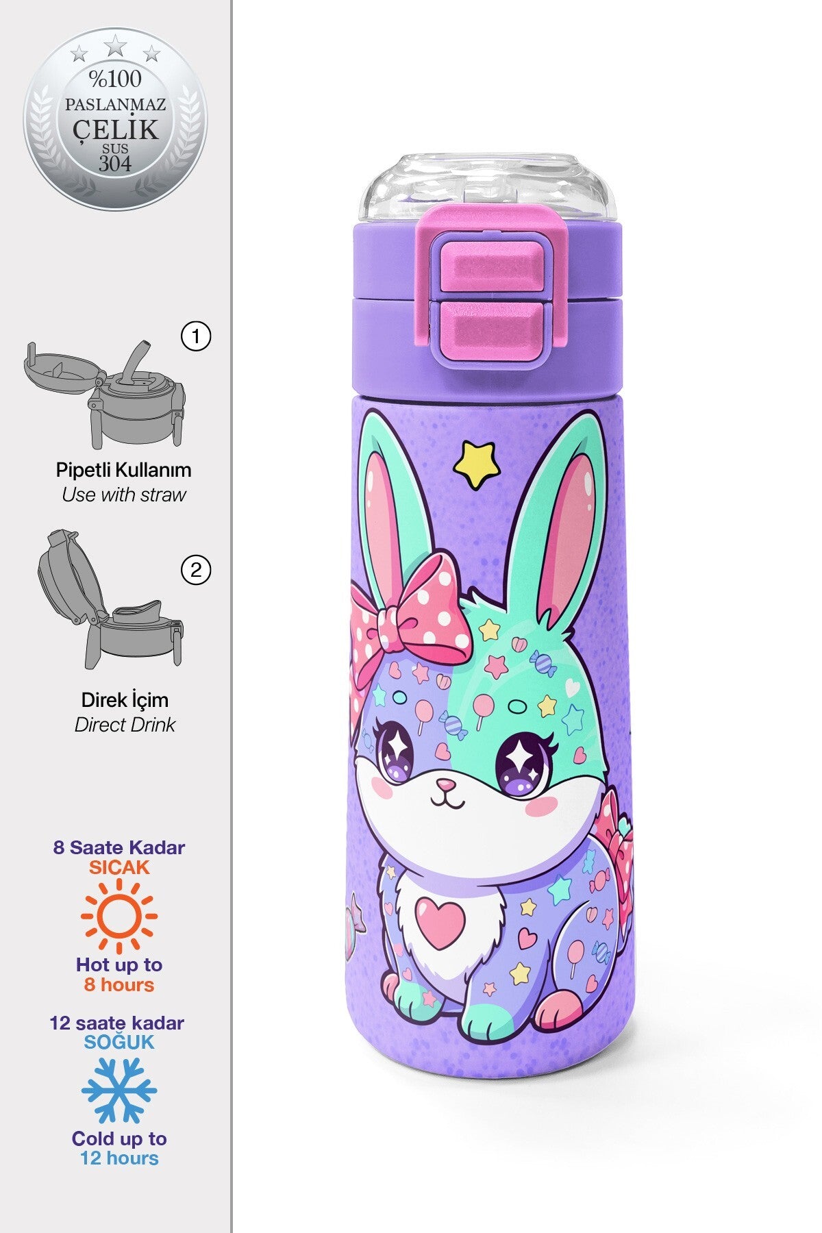 Coral High Kids Milka Su Yeşili Tavşan Desenli Pipetli ve Direkt İçim Çelik Termos 500 ml 38137-1