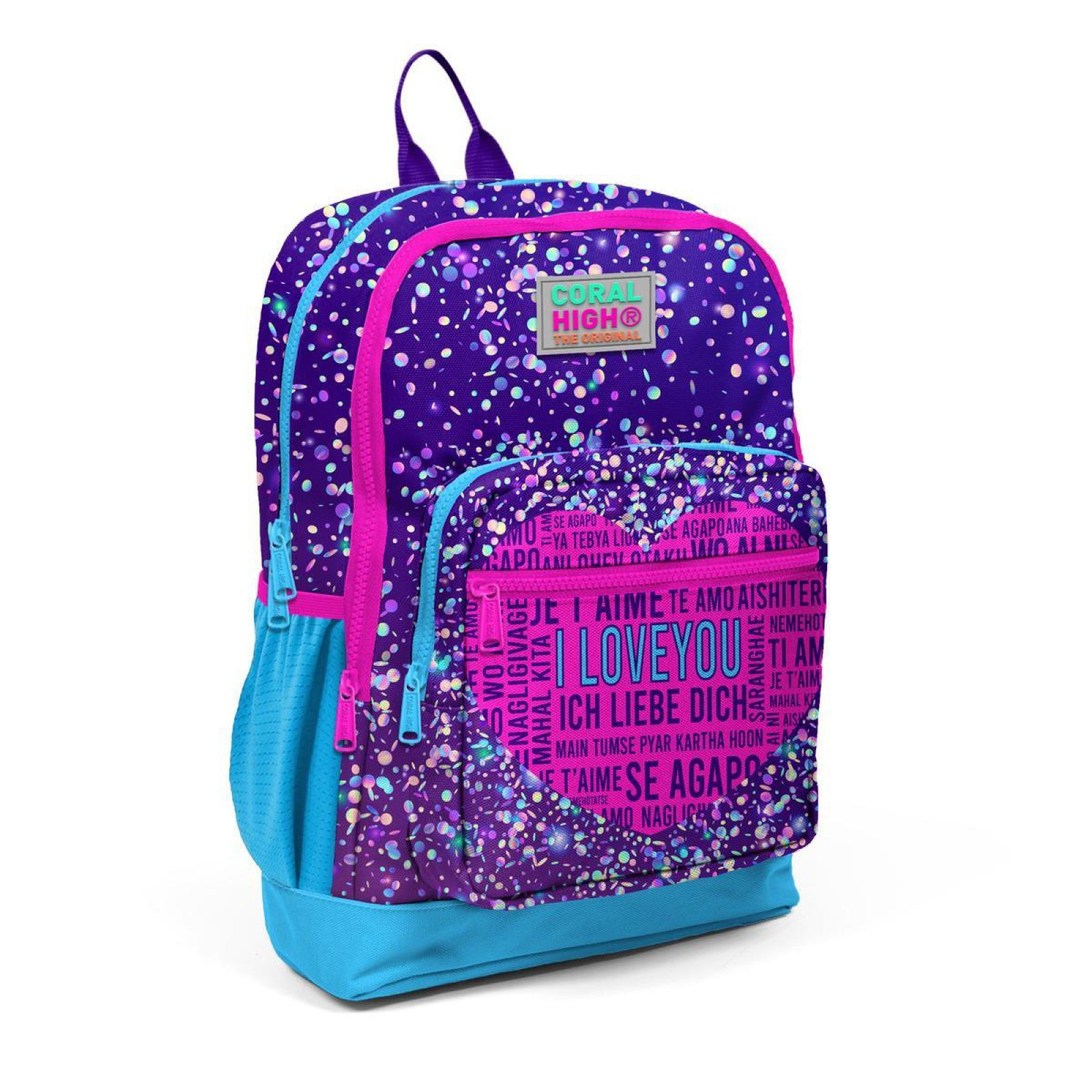 Coral High Kids Mor Mavi Pembe Kalp Desenli Dört Bölmeli Okul Sırt Çantası 23740-1