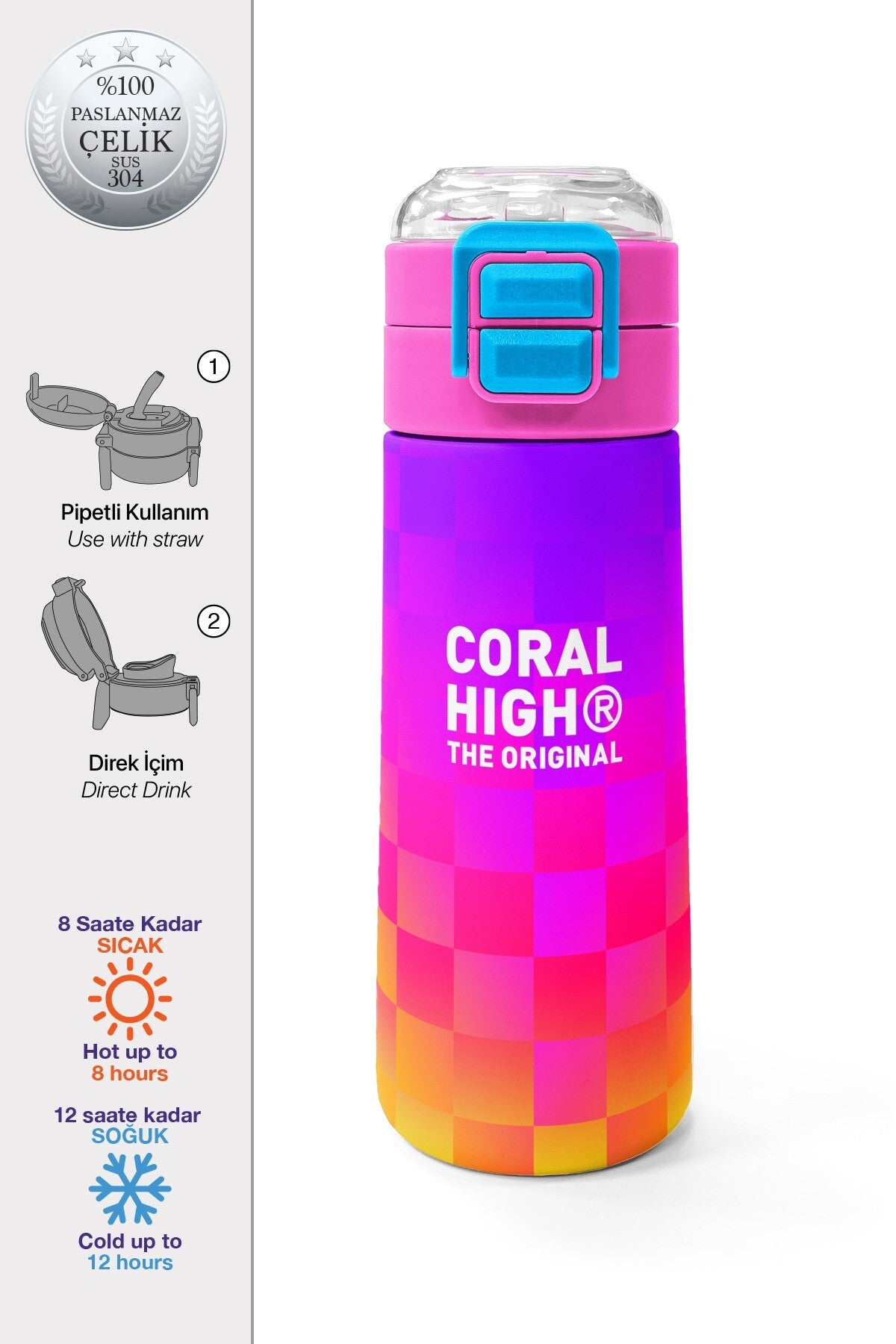 Coral High Kids Neon Renkli Dama Desenli Pipetli ve Direkt İçim Çelik Termos 500 Ml 38103