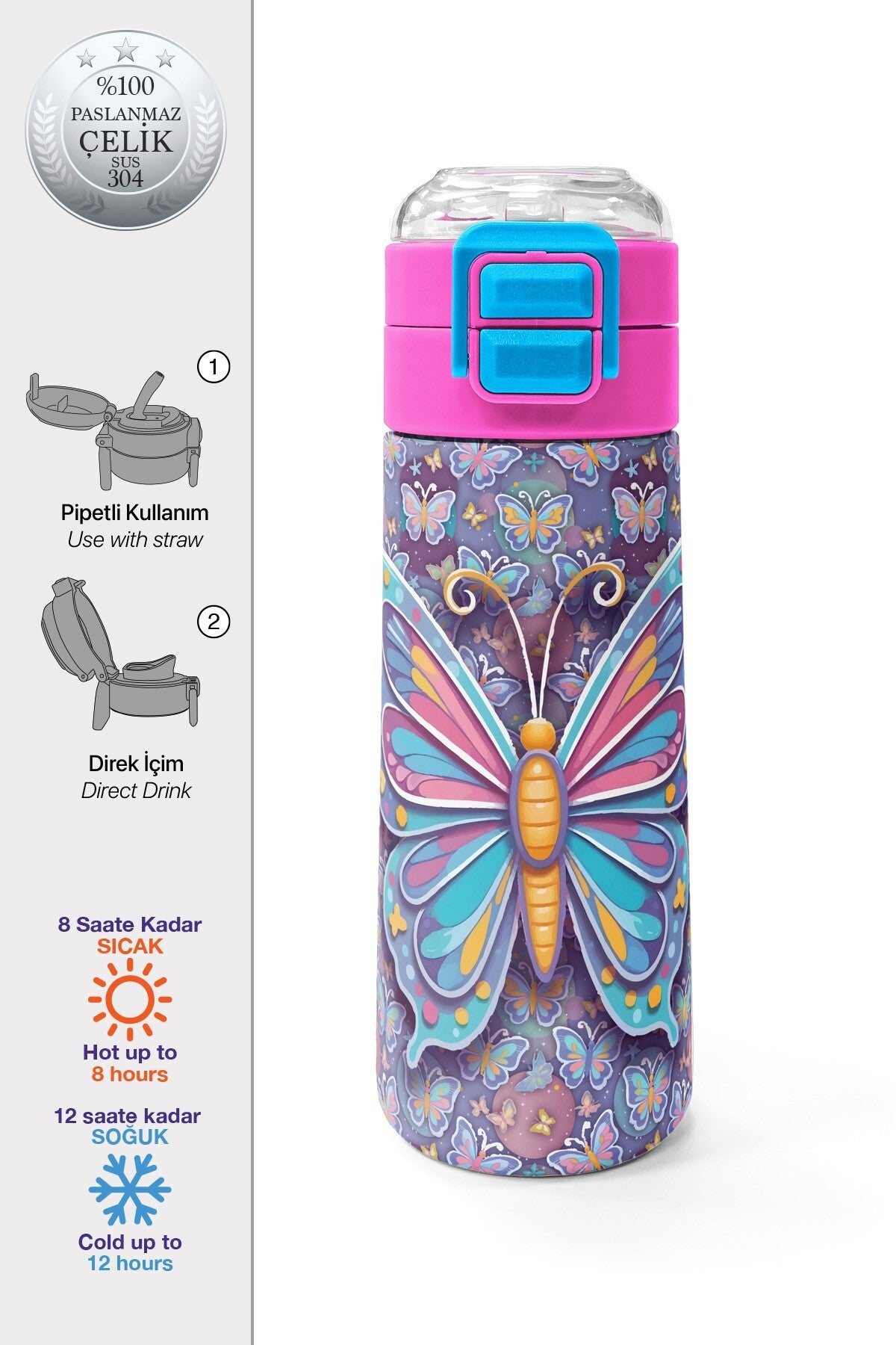 Coral High Kids Pastel Renkli Kelebek Desenli Pipetli ve Direkt İçim Çelik Termos 500 ml 38106