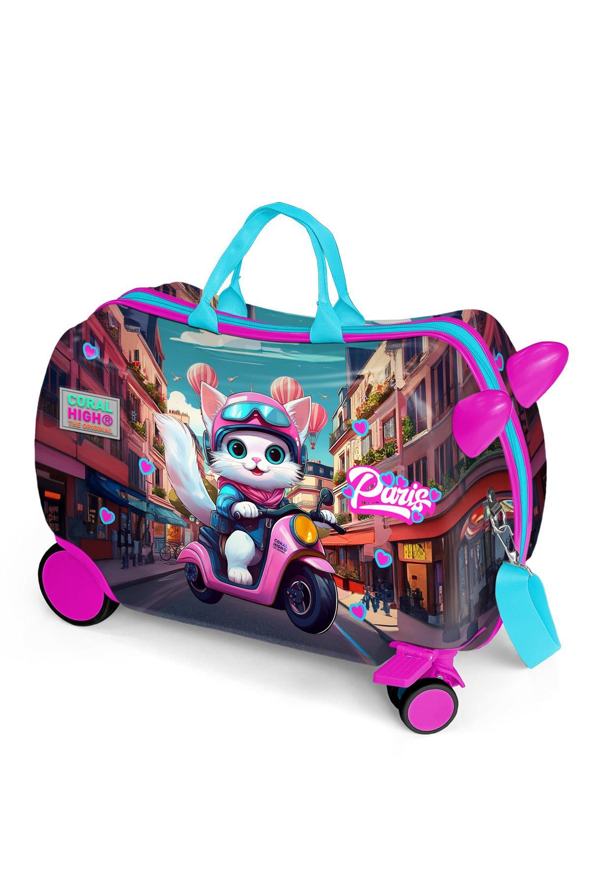 Coral High Kids Pembe Motorlu Kedi Desenli Otur-Çek Çocuk Valizi 16358-1