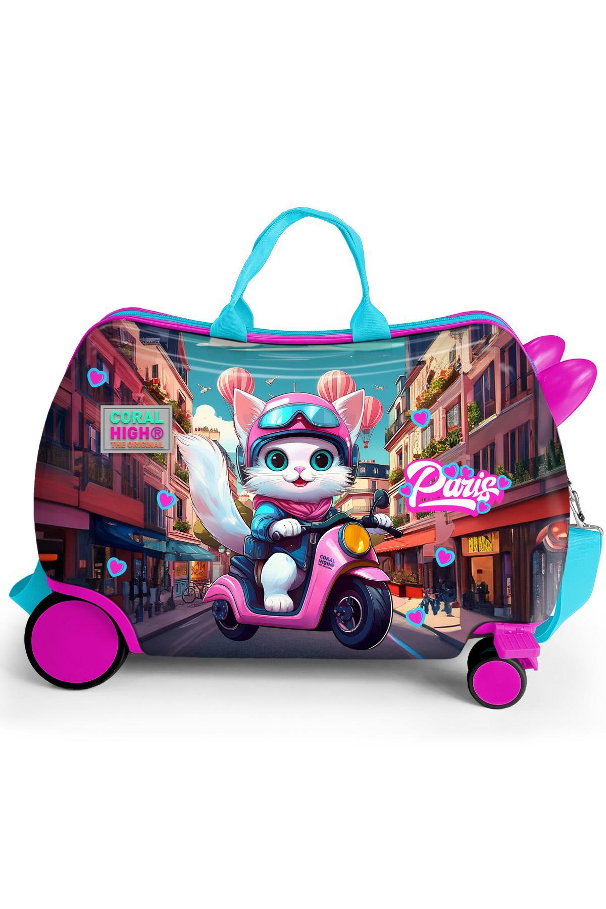 Coral High Kids Pembe Motorlu Kedi Desenli Otur-Çek Çocuk Valizi 16358-3