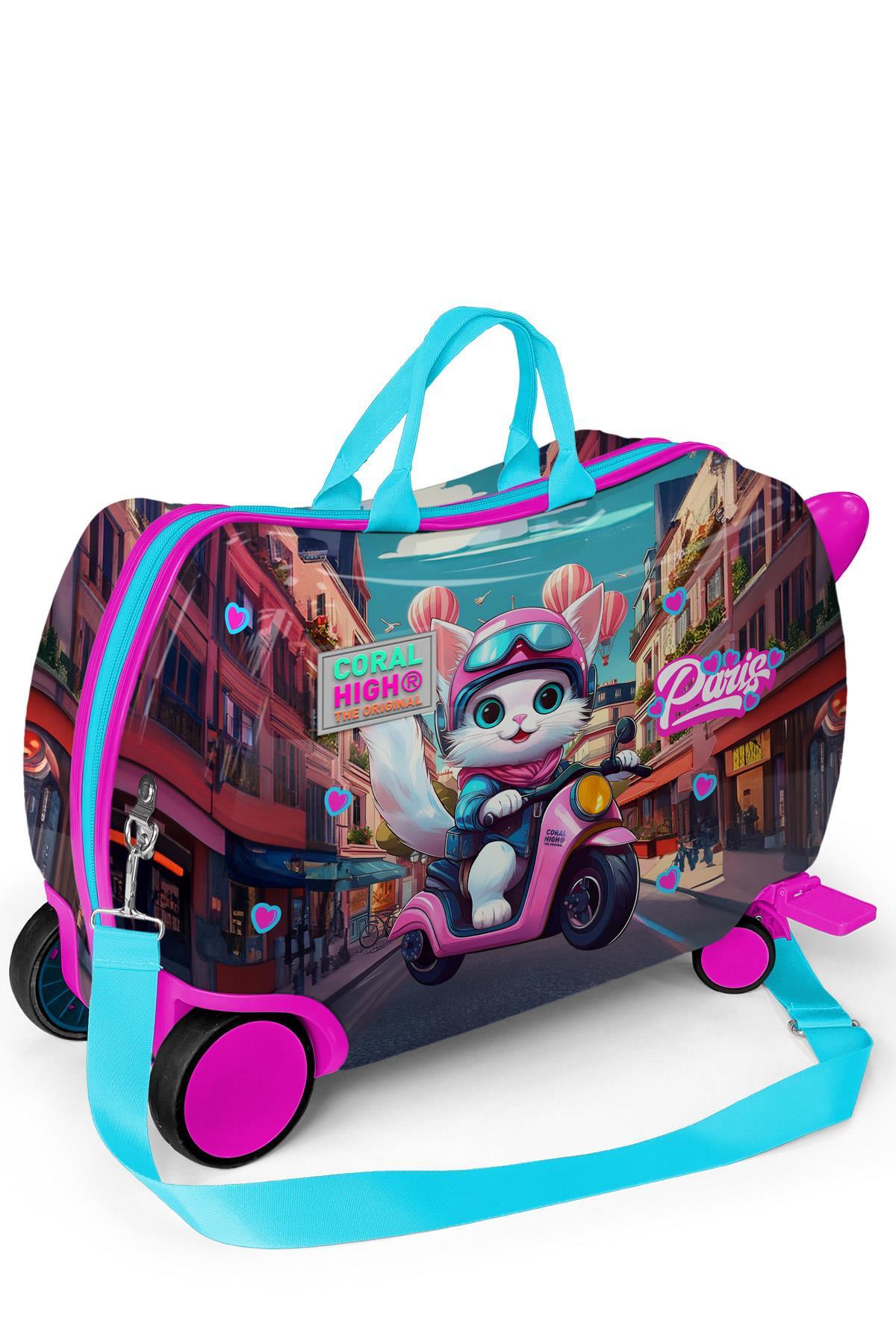 Coral High Kids Pembe Motorlu Kedi Desenli Otur-Çek Çocuk Valizi 16358-5