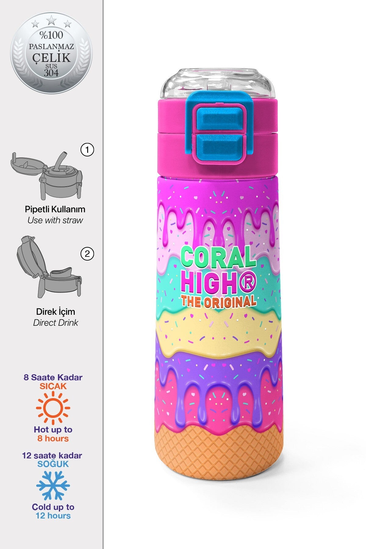 Coral High Kids Pembe Rengarenk Dondurma Desenli Pipetli ve Direkt İçim Çelik Termos 500 Ml 31938