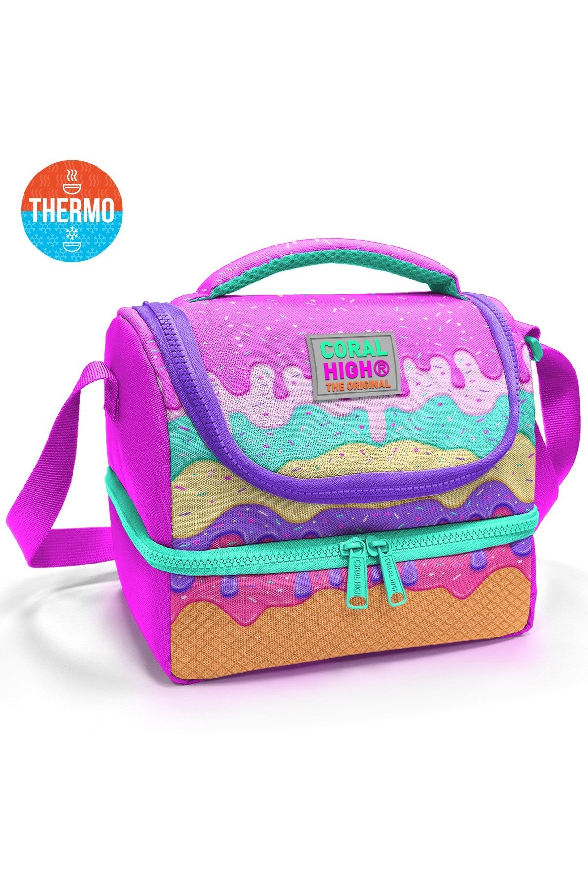 Coral High Kids Pembe Rengarenk Dondurma Desenli Thermo İki Katlı Beslenme Çantası 37211