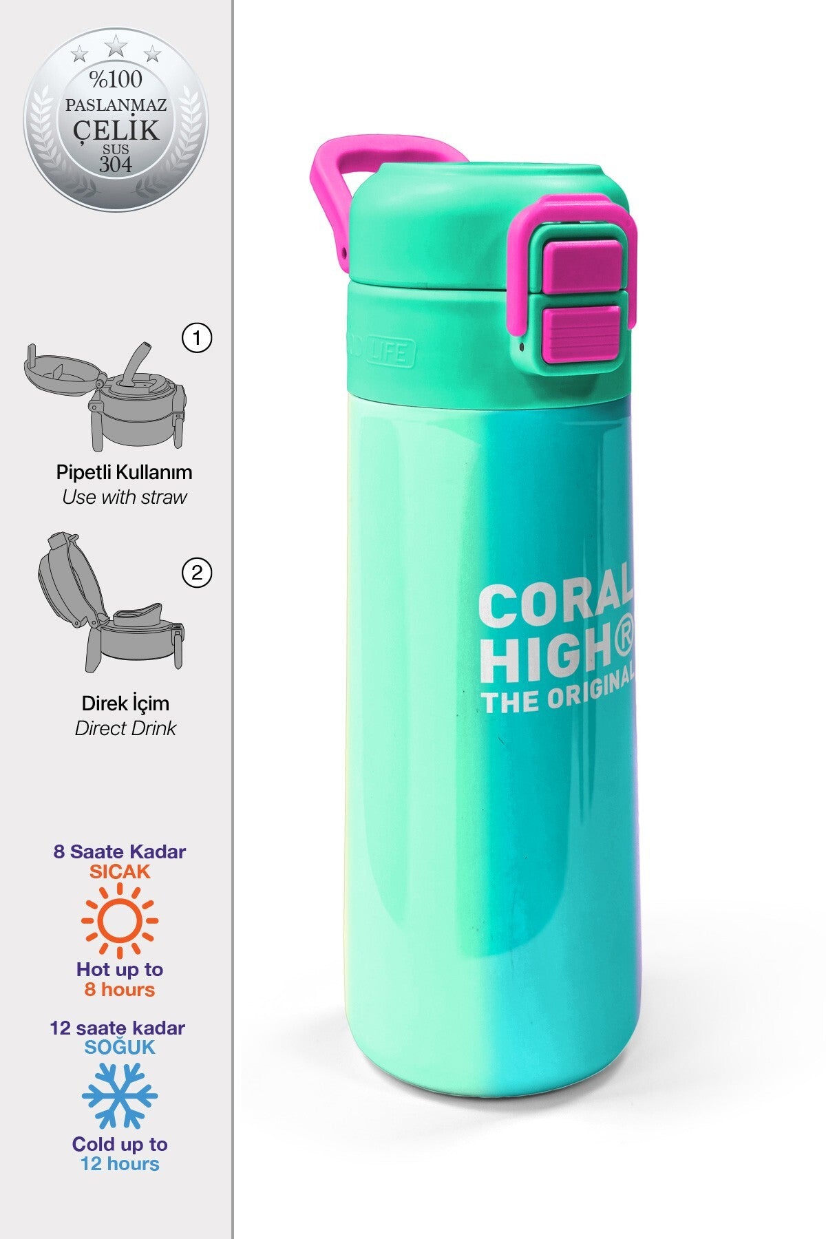 Coral High Kids Renkli Çizgili Pipetli ve Direkt İçim Çelik Termos 500 Ml 31844