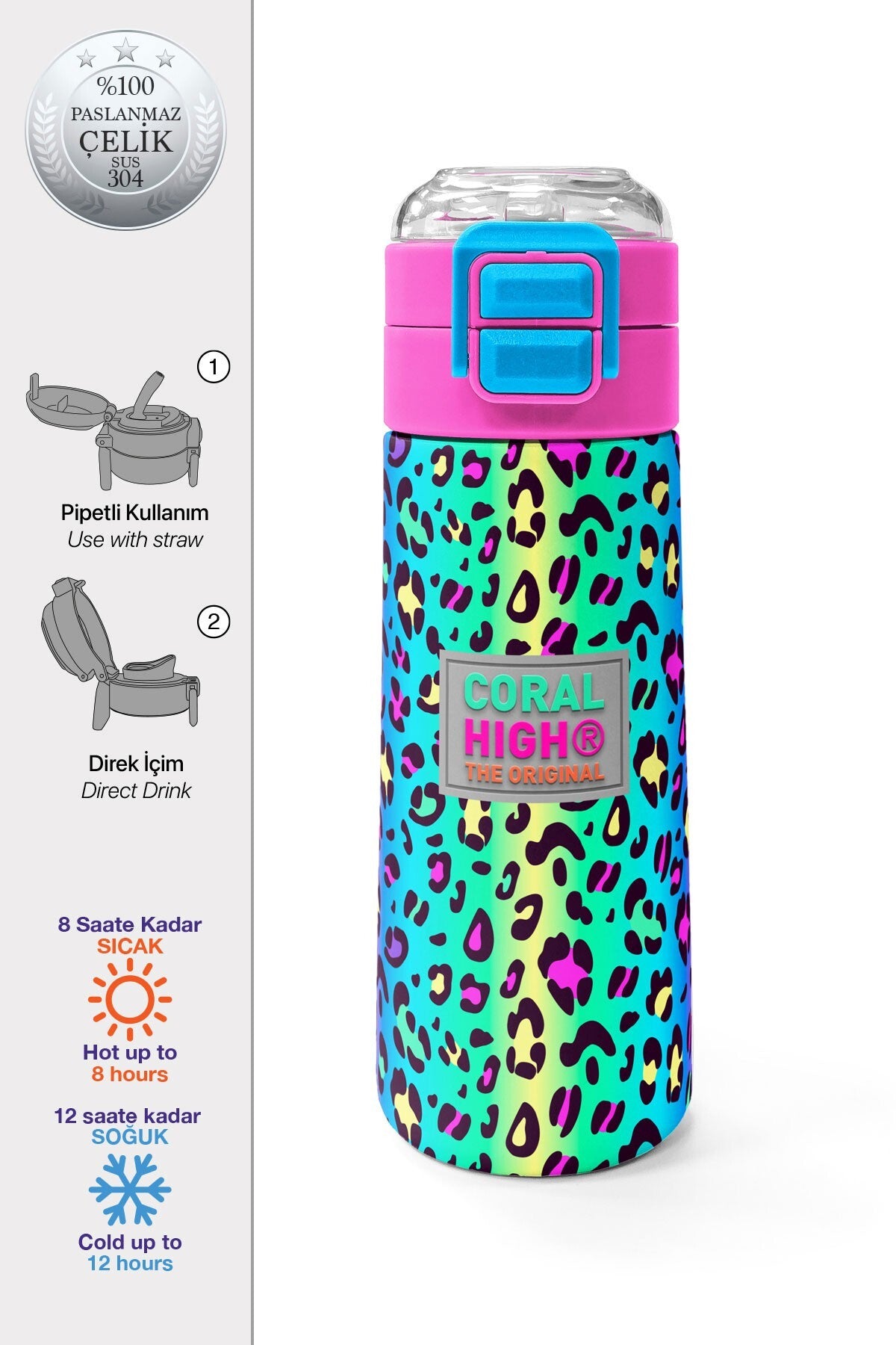 Coral High Kids Renkli Leopar Desenli Pipetli ve Direk İçimli Paslanmaz Çelik Termos 500 ML 31985-1