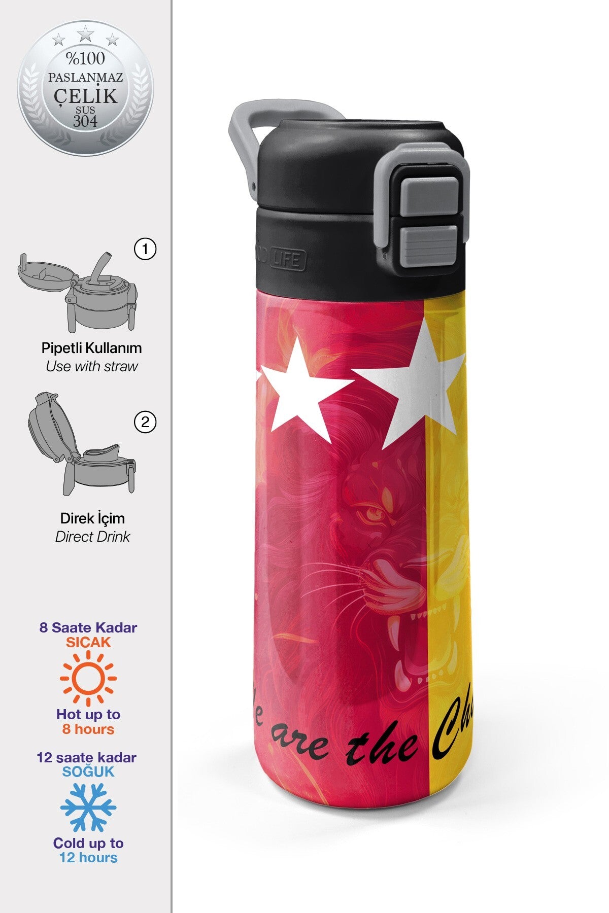 Coral High Kids Sarı Kırmızı 5 Yıldız Aslan Taraftar Desenli Pipetli ve Direkt İçim Çelik Termos 500 ml 31792-1