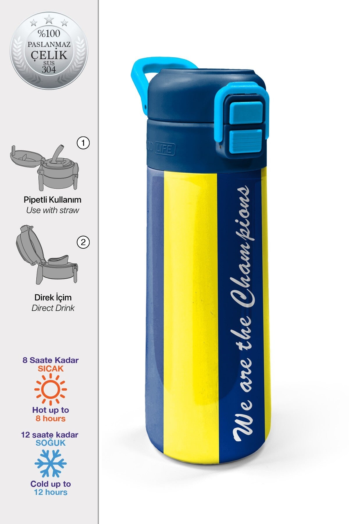 Coral High Kids Sarı Lacivert Çubuklu Pipetli ve Direkt İçim Çelik Termos 500 ml 31791-1