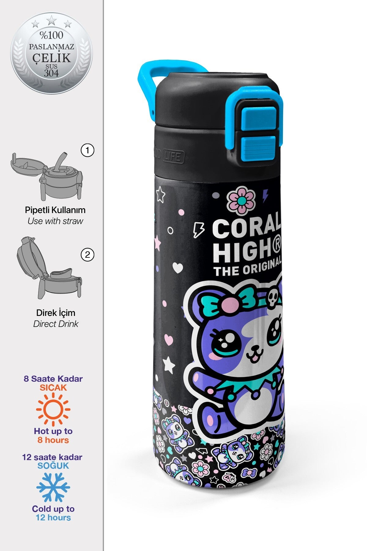 Coral High Kids Siyah Ayıcık Desenli Pipetli ve Direkt İçim Çelik Termos 500 ml 38124-1