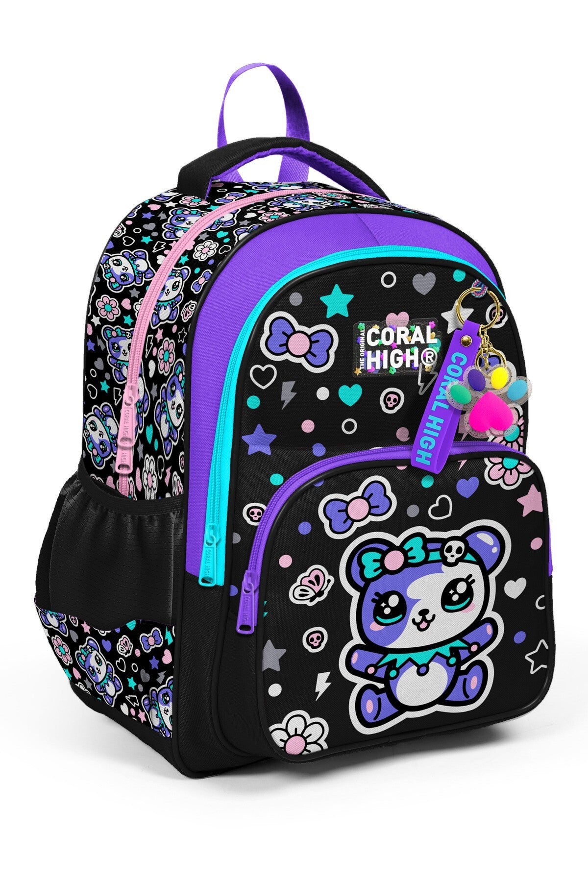 Coral High Kids Siyah Ayıcık Desenli Üç Bölmeli Okul Sırt Çantası 33242