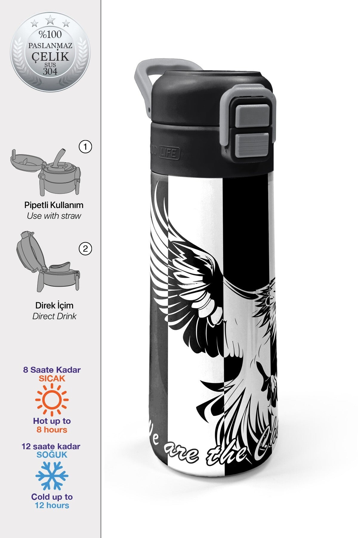 Coral High Kids Siyah Beyaz Kartal Taraftar Desenli Pipetli ve Direkt İçim Çelik Termos 500 ml 31789-1