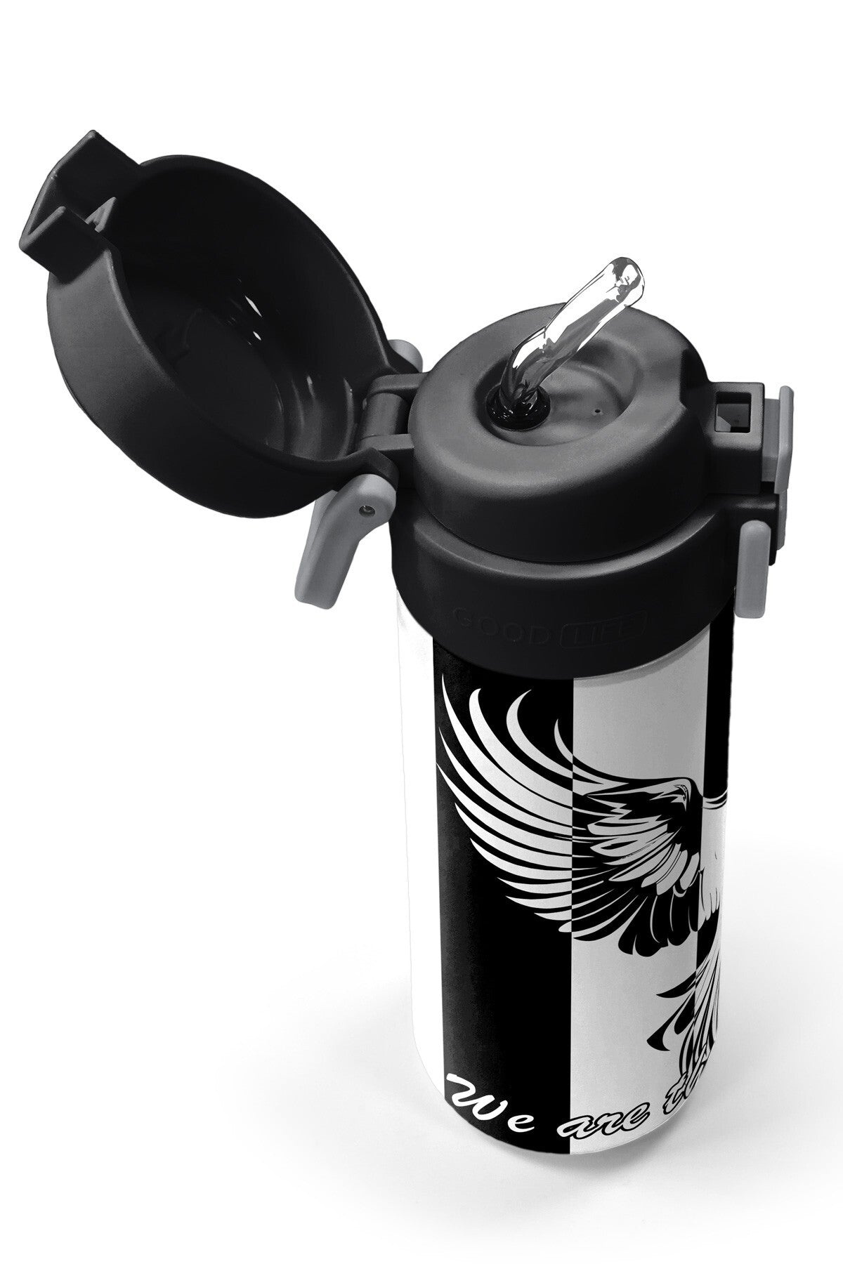 Coral High Kids Siyah Beyaz Kartal Taraftar Desenli Pipetli ve Direkt İçim Çelik Termos 500 ml 31789