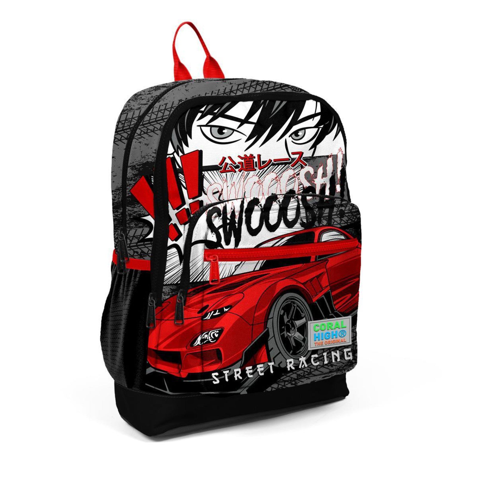 Coral High Kids Siyah Kırmızı Anime Araba Desenli Dört Bölmeli Okul Sırt Çantası 23747-1