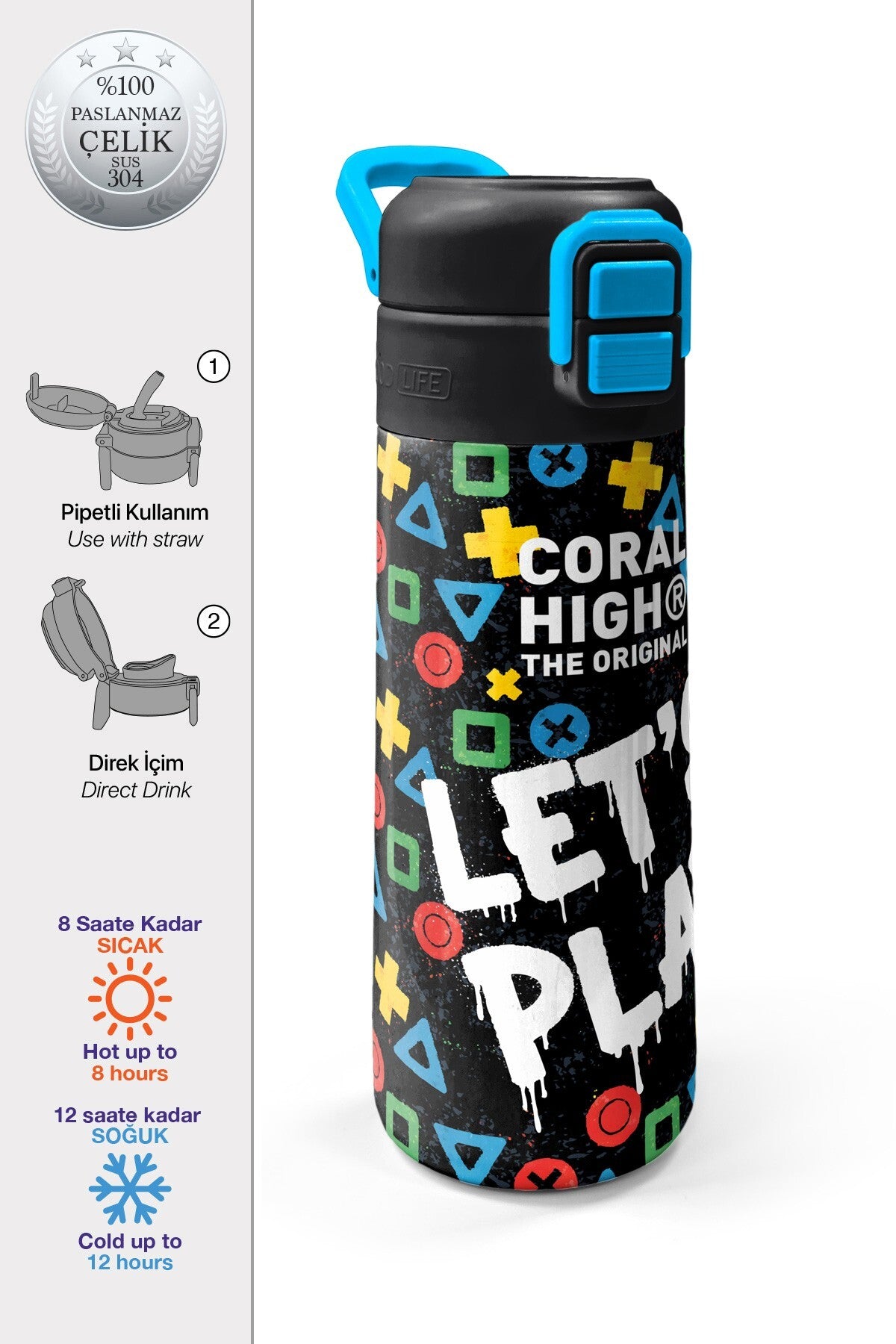 Coral High Kids Siyah Lets Play Desenli Pipetli ve Direkt İçim Çelik Termos 500 ml 38114-1
