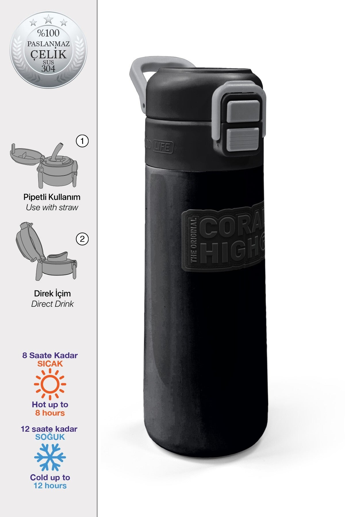 Coral High Kids Siyah Pipetli ve Direkt İçim Çelik Termos 500 ml 31827