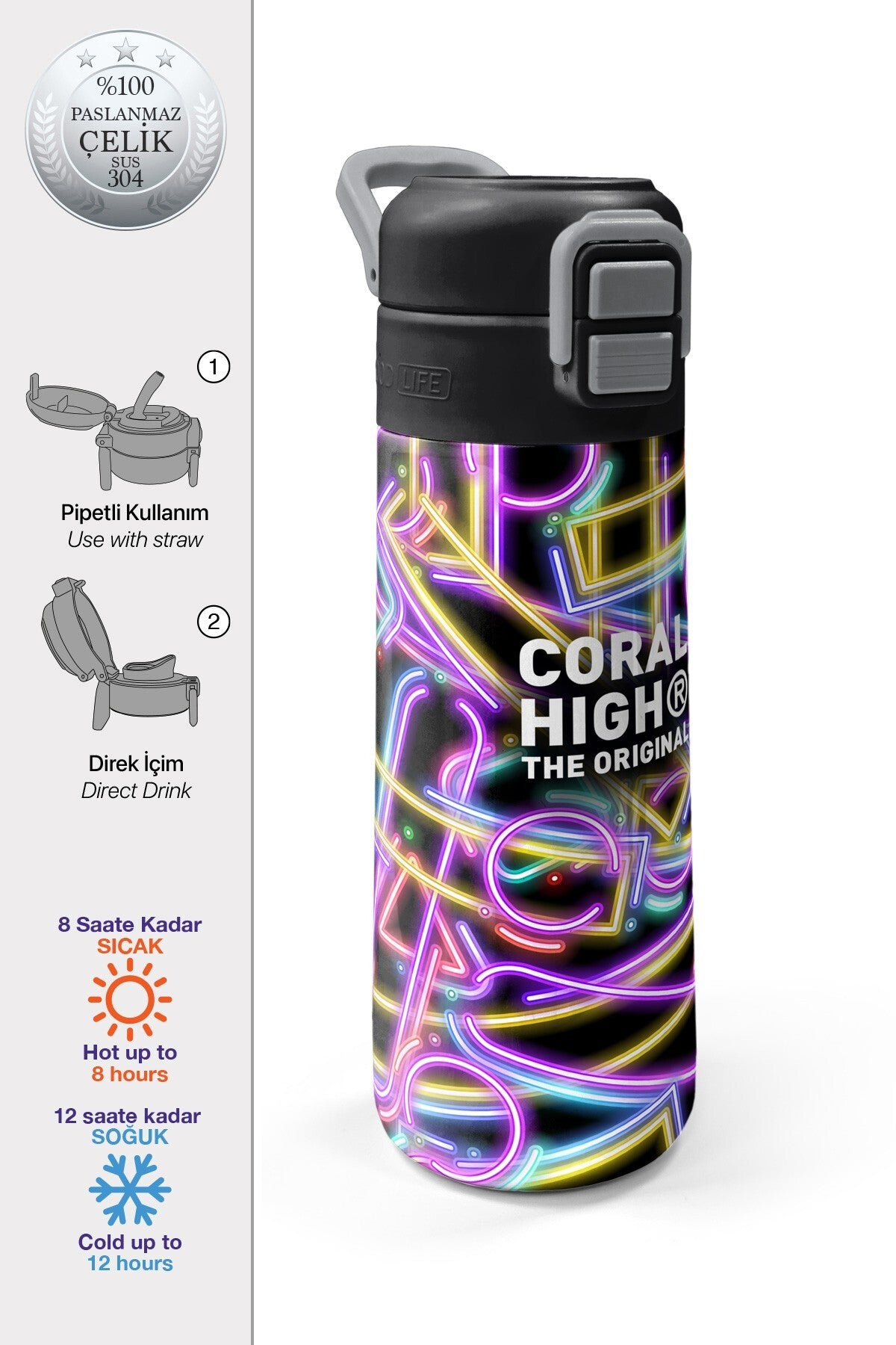 Coral High Kids Siyah Renkli Neon Desenli Pipetli ve Direkt İçim Çelik Termos 500 ml 38130-1