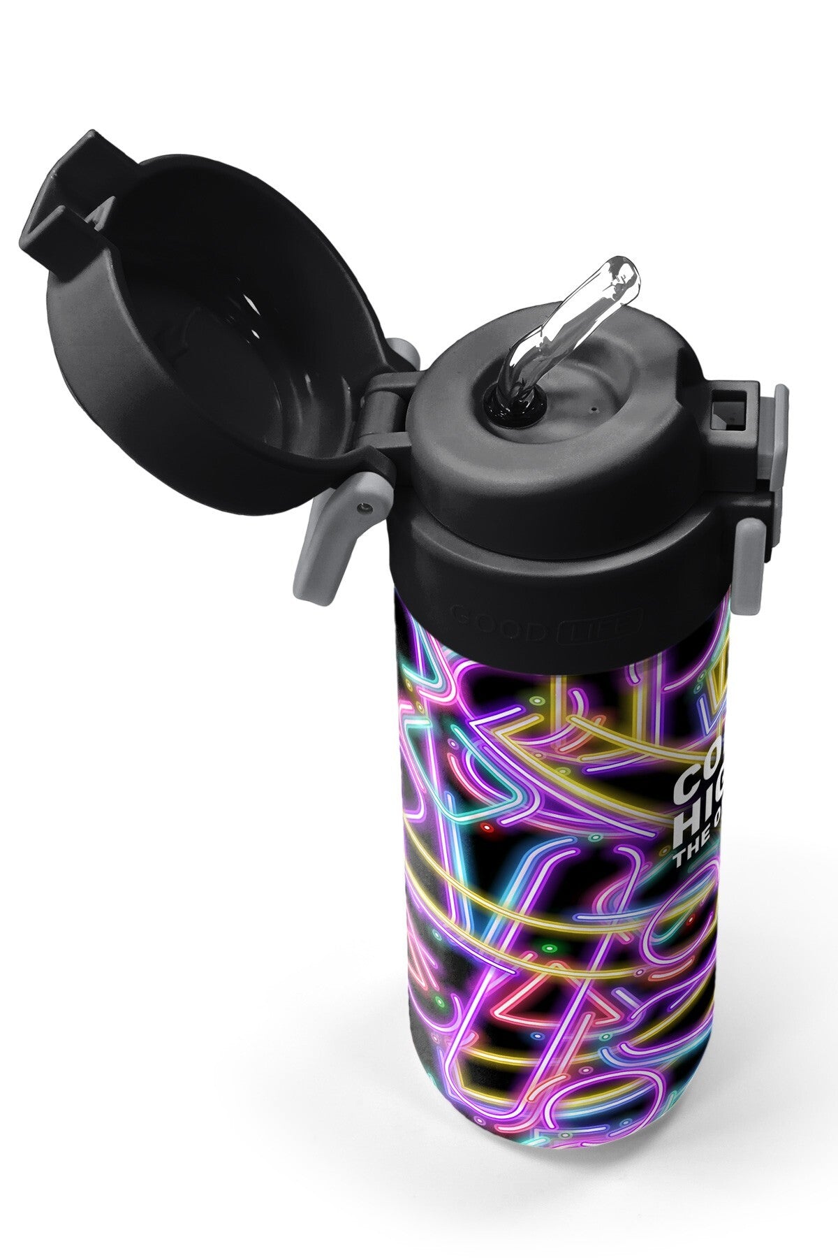 Coral High Kids Siyah Renkli Neon Desenli Pipetli ve Direkt İçim Çelik Termos 500 ml 38130