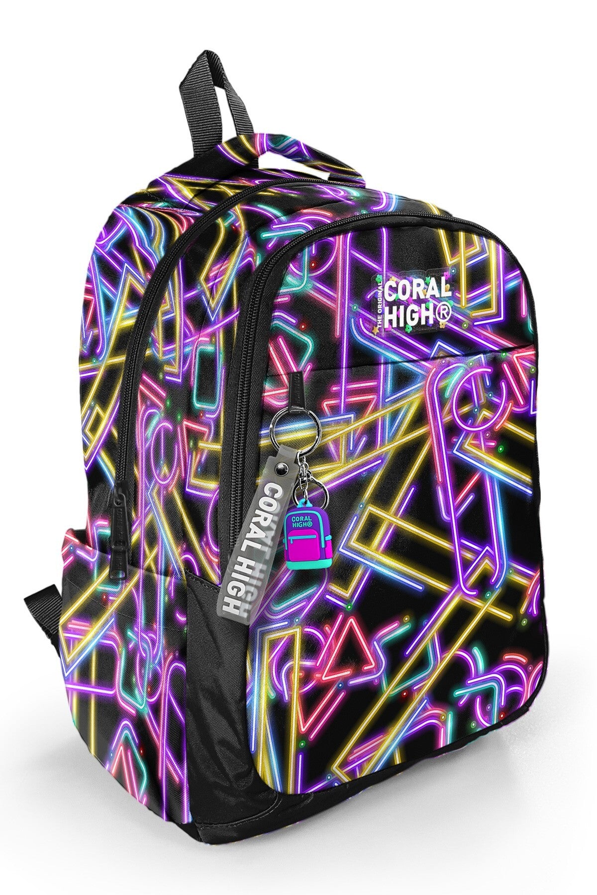 Coral High Kids Siyah Renkli Neon Desenli Üç Bölmeli Okul Sırt Çantası 33248