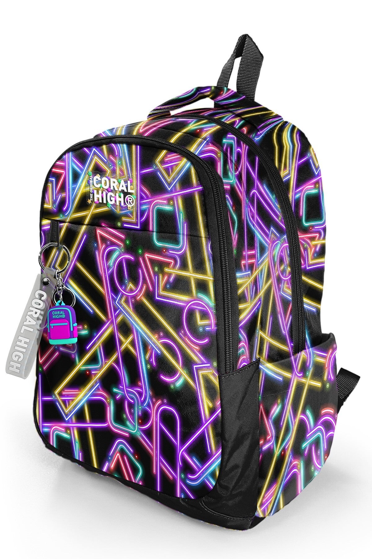Coral High Kids Siyah Renkli Neon Desenli Üç Bölmeli Okul Sırt Çantası 33248-7